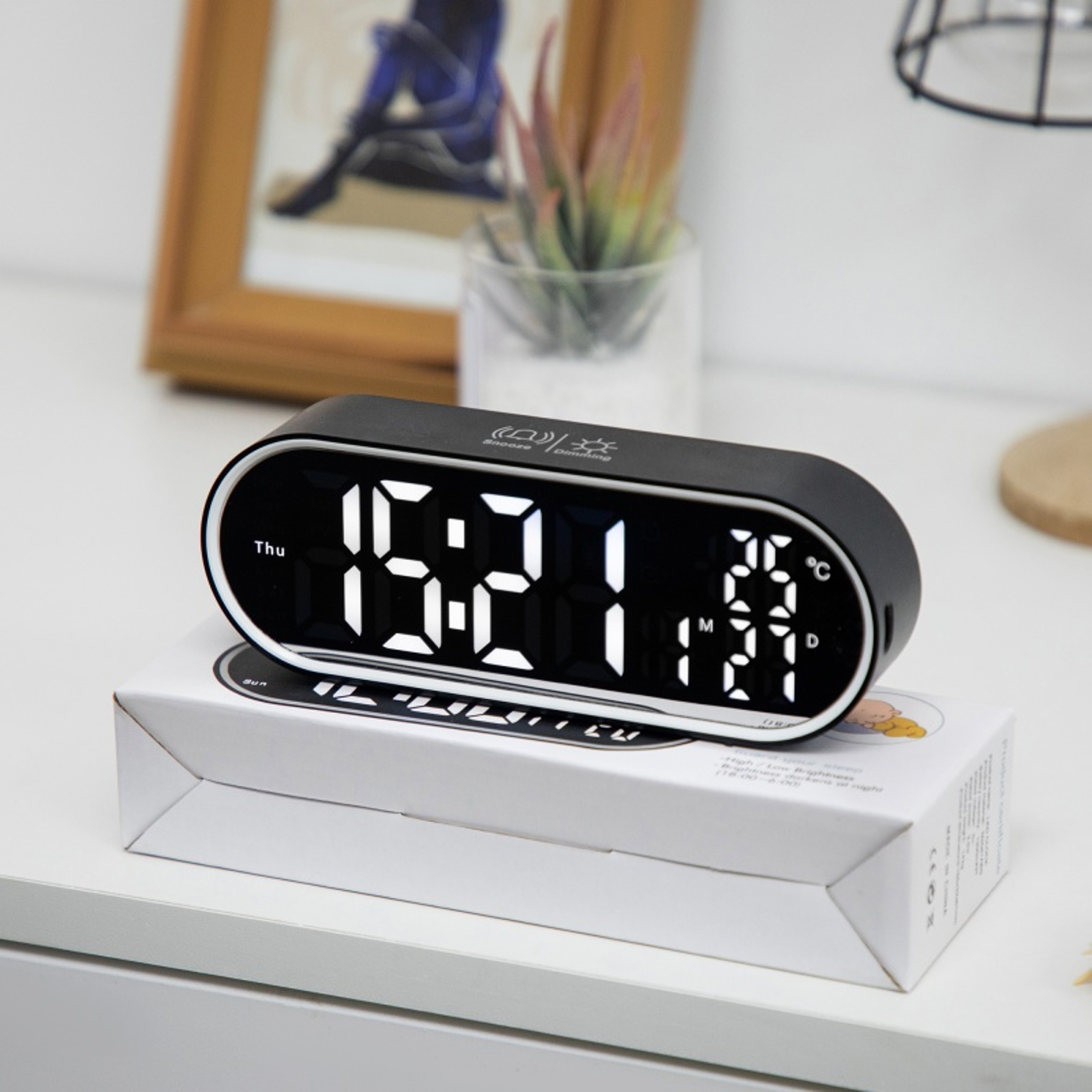 Rechargeable Digital Alarm Clock With LED Mirror Display Voice Control Dual Alarms And Temperature  1