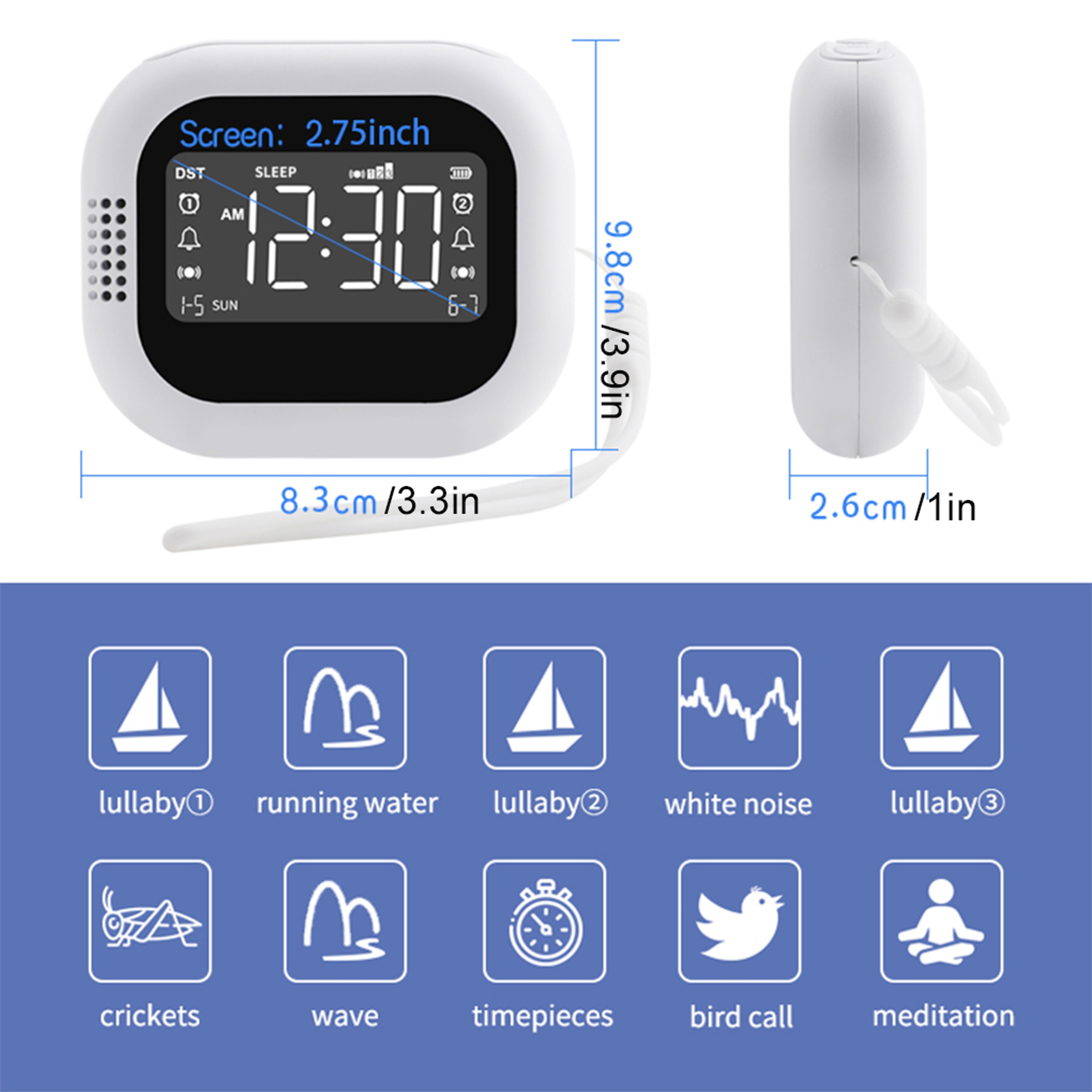 Rechargeable Alarm Clock LED Display Clock White Noise Machine For Students 5
