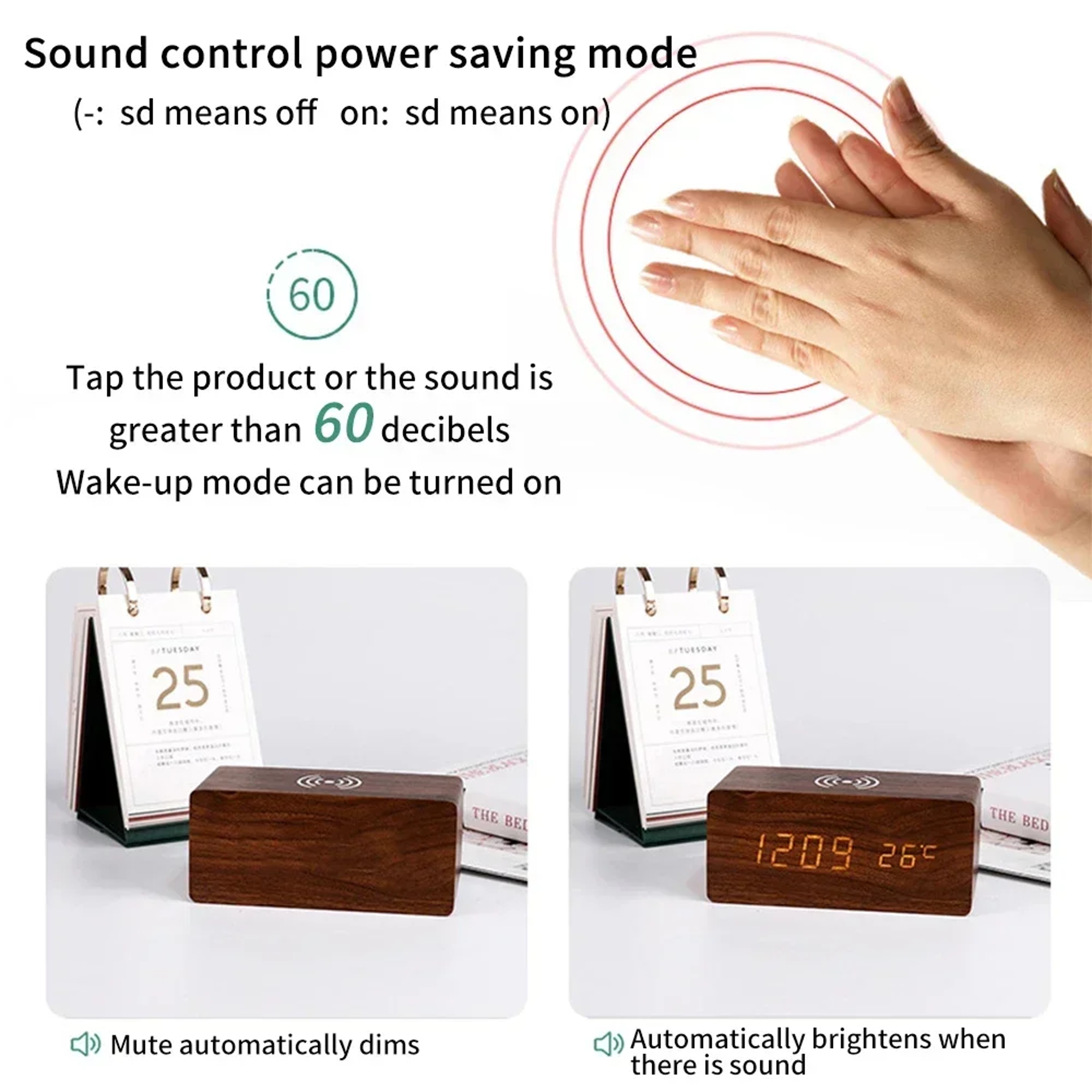 Wooden Digital Alarm Clock Wireless Charging LED Desk Clock With Thermometer 6