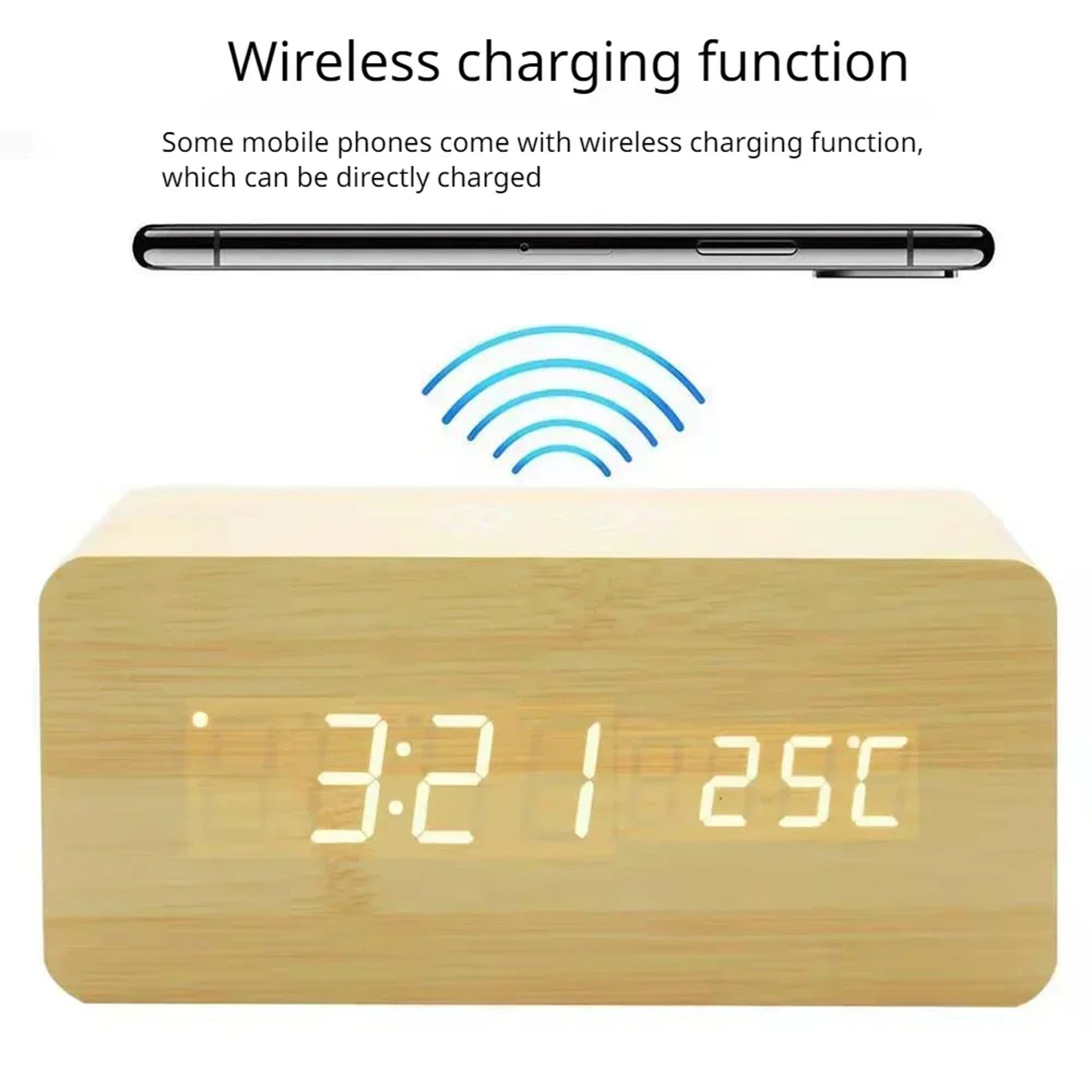 Wooden Digital Alarm Clock Wireless Charging LED Desk Clock With Thermometer 7