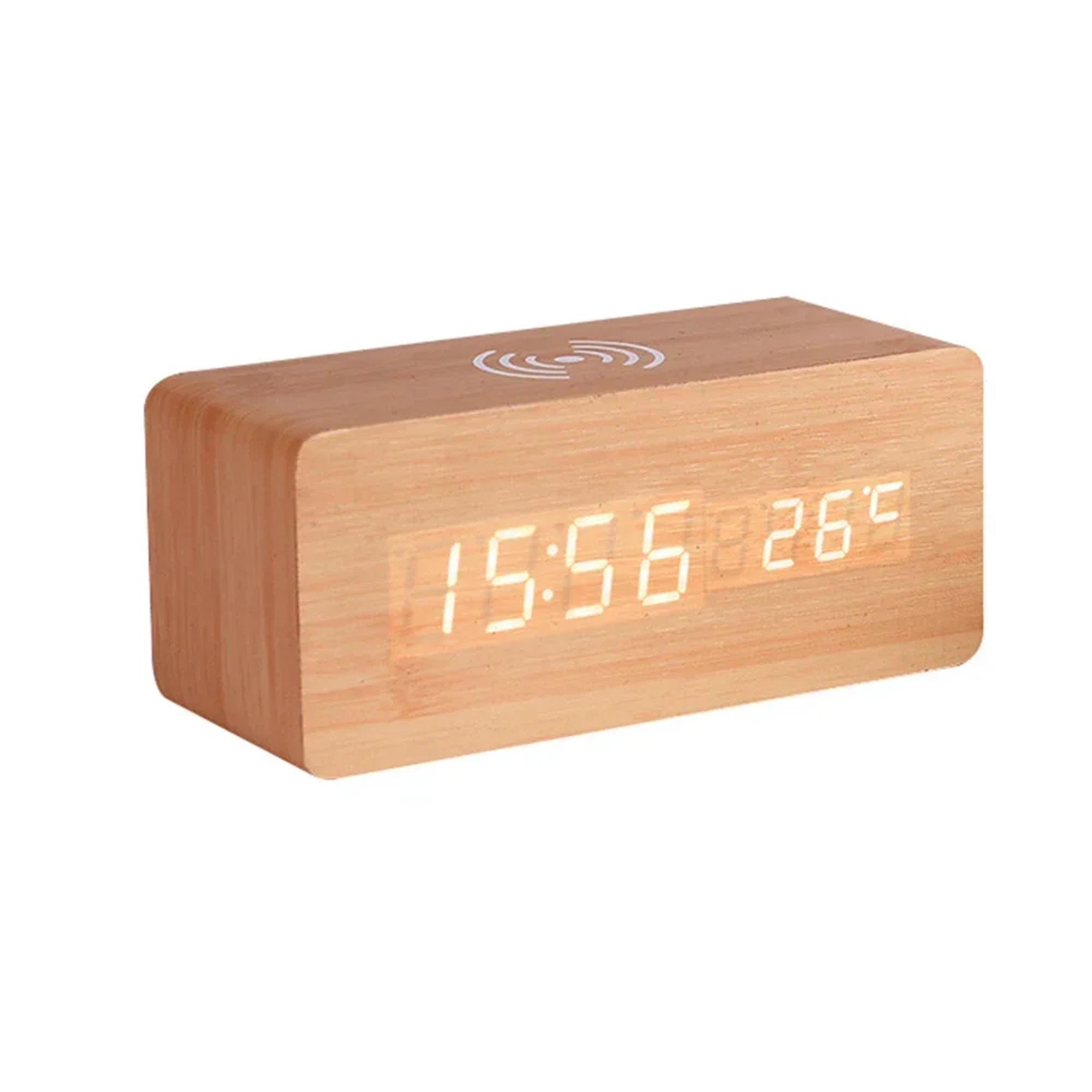 Wooden Digital Alarm Clock Wireless Charging LED Desk Clock With Thermometer 1