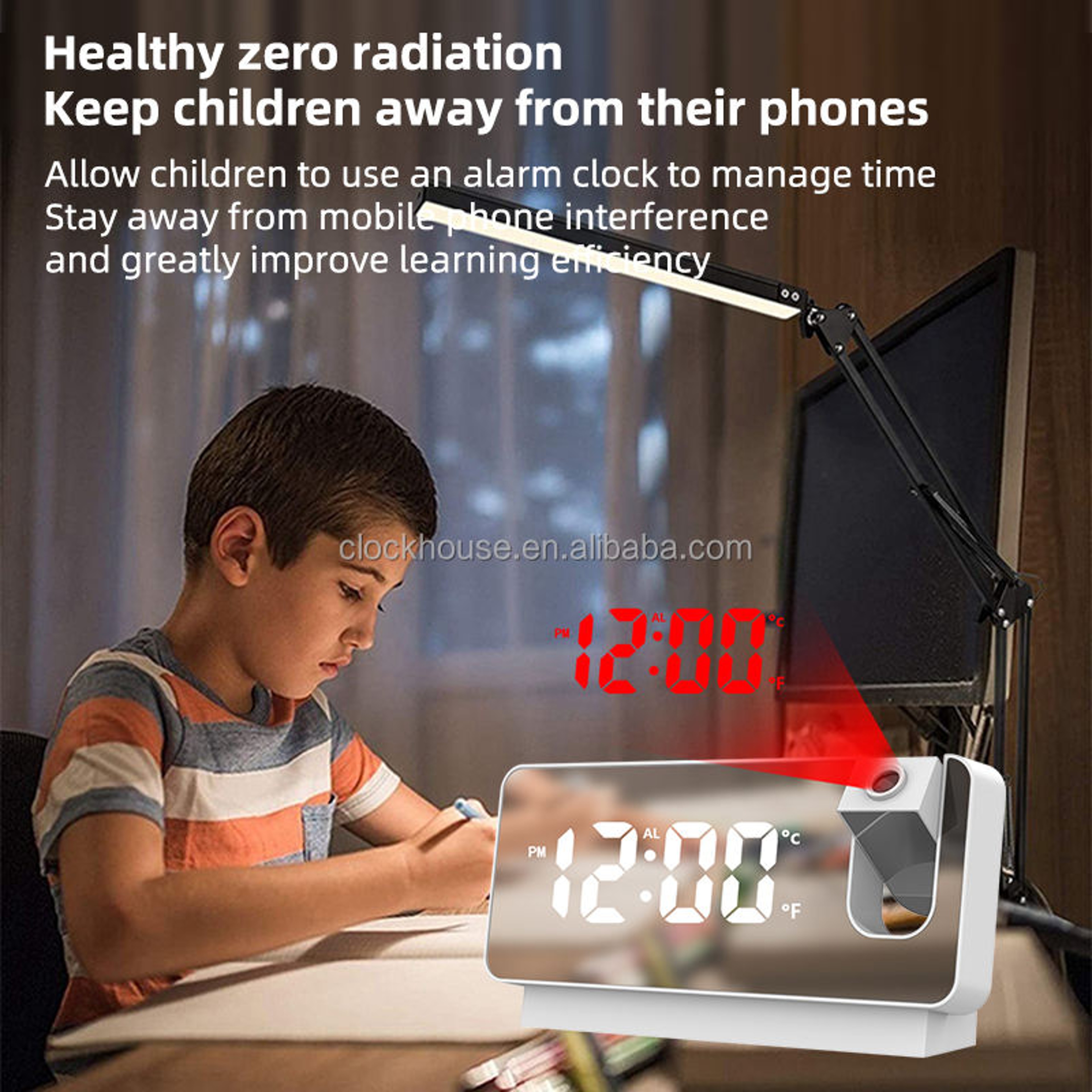 Projection Alarm Clock With LED Digital Display Rechargeable Bedside Clock Ceiling Projection Tempe 4
