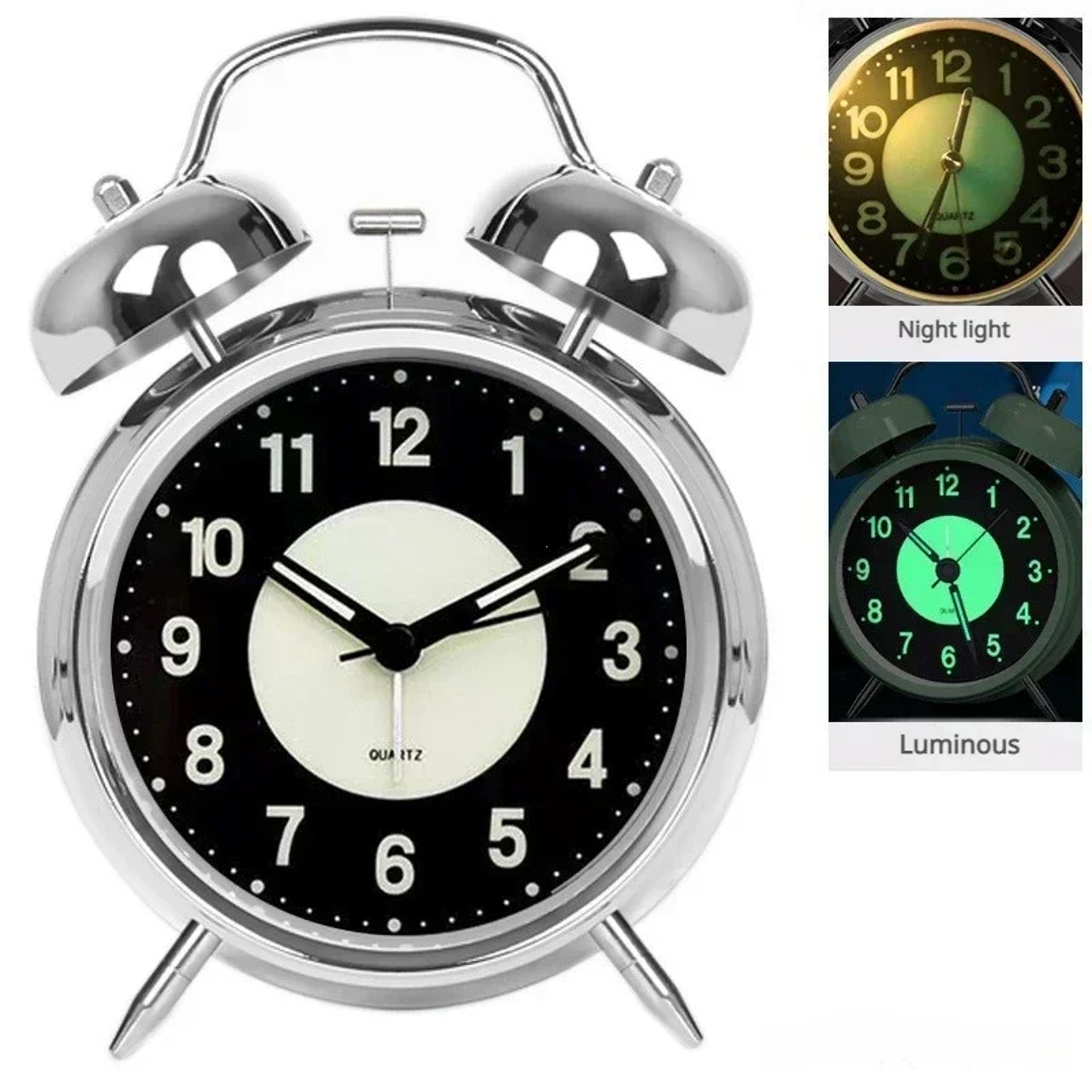 Twin Bell Alarm Clock With Night Light Loud Metal Bedside Clock Silent Vintage Desk Clock 2