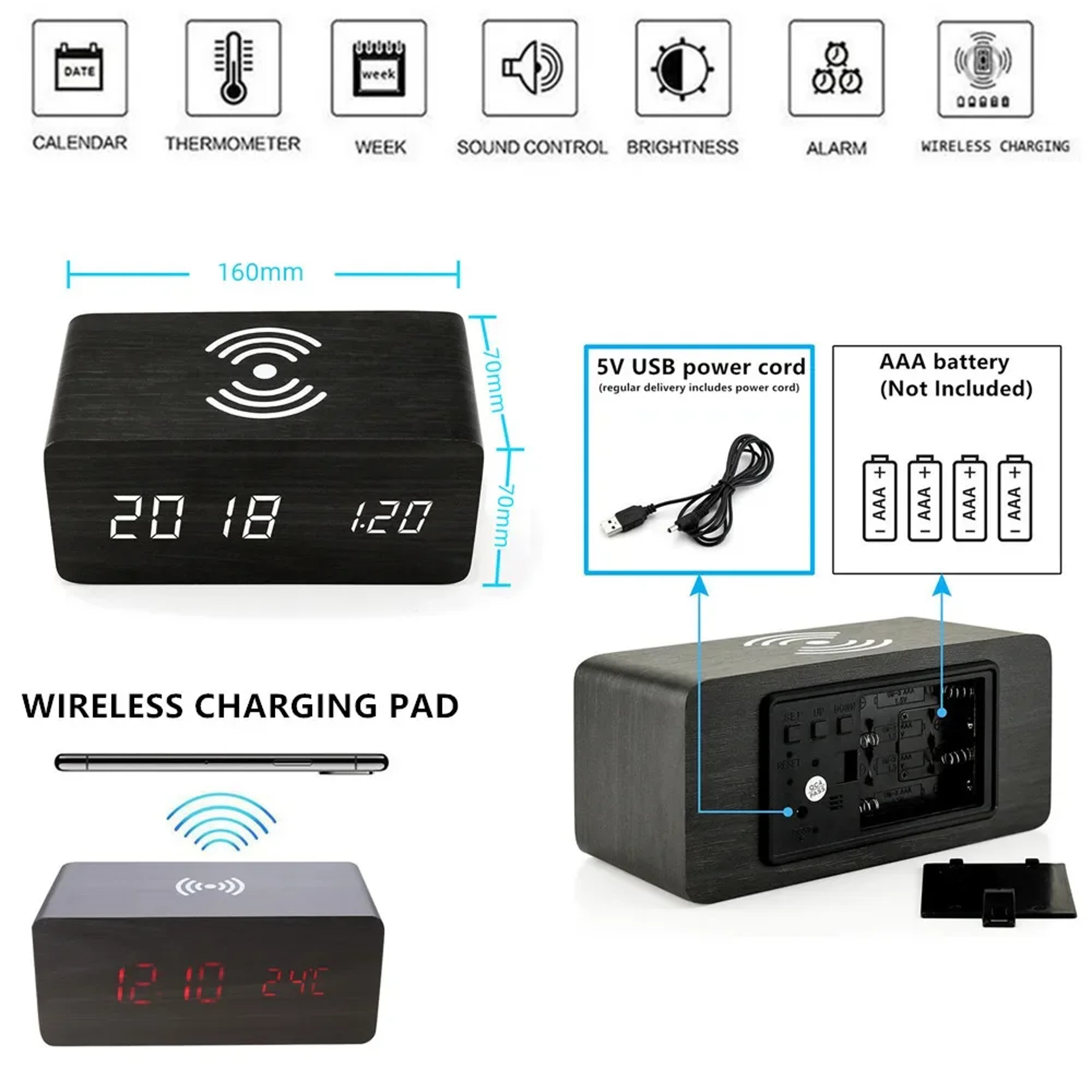 Wooden Digital Alarm Clock With Wireless Charging LED Bedside Clock Temperature And Humidity Displa