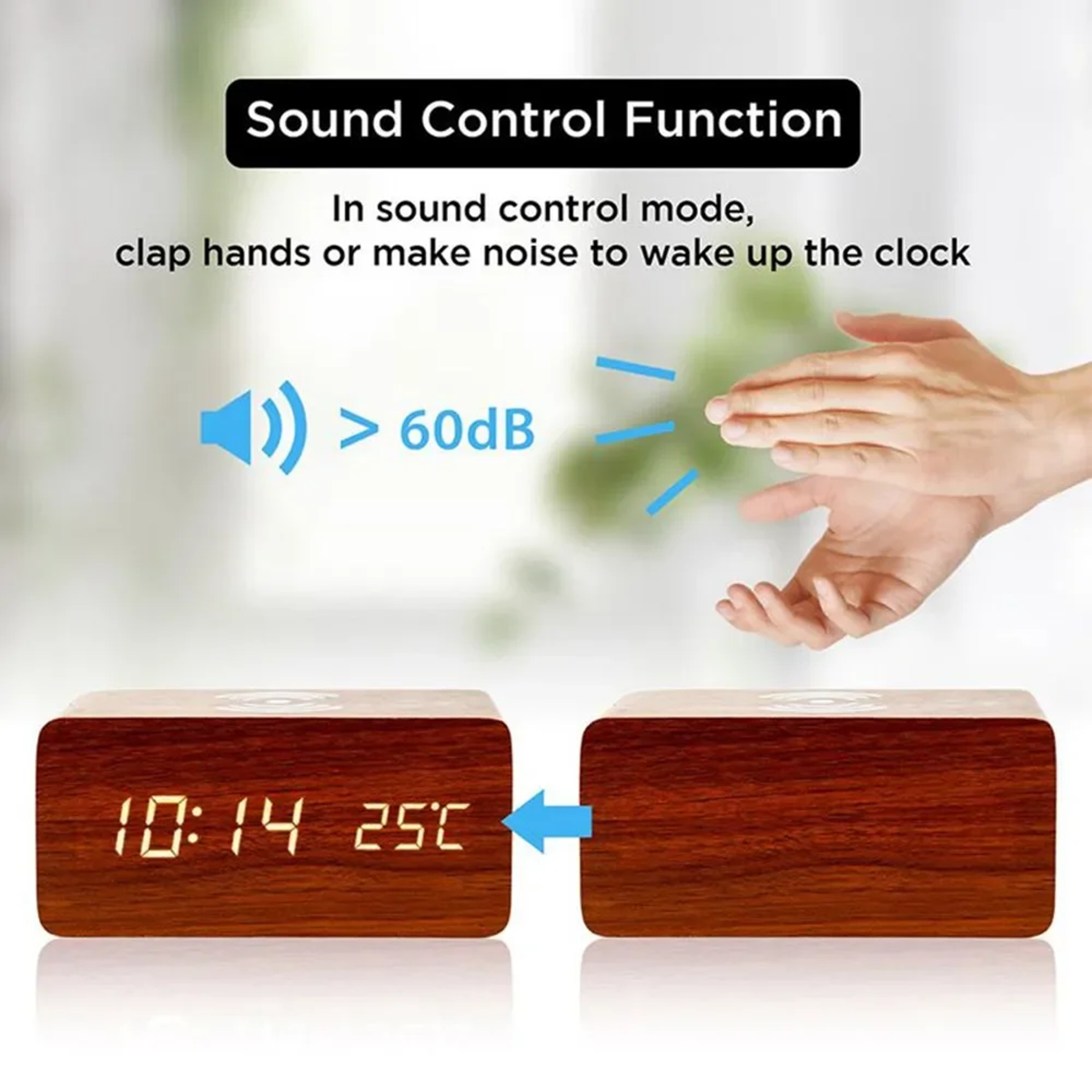 Wooden Digital Alarm Clock With Wireless Charging LED Bedside Clock Temperature And Humidity Displa