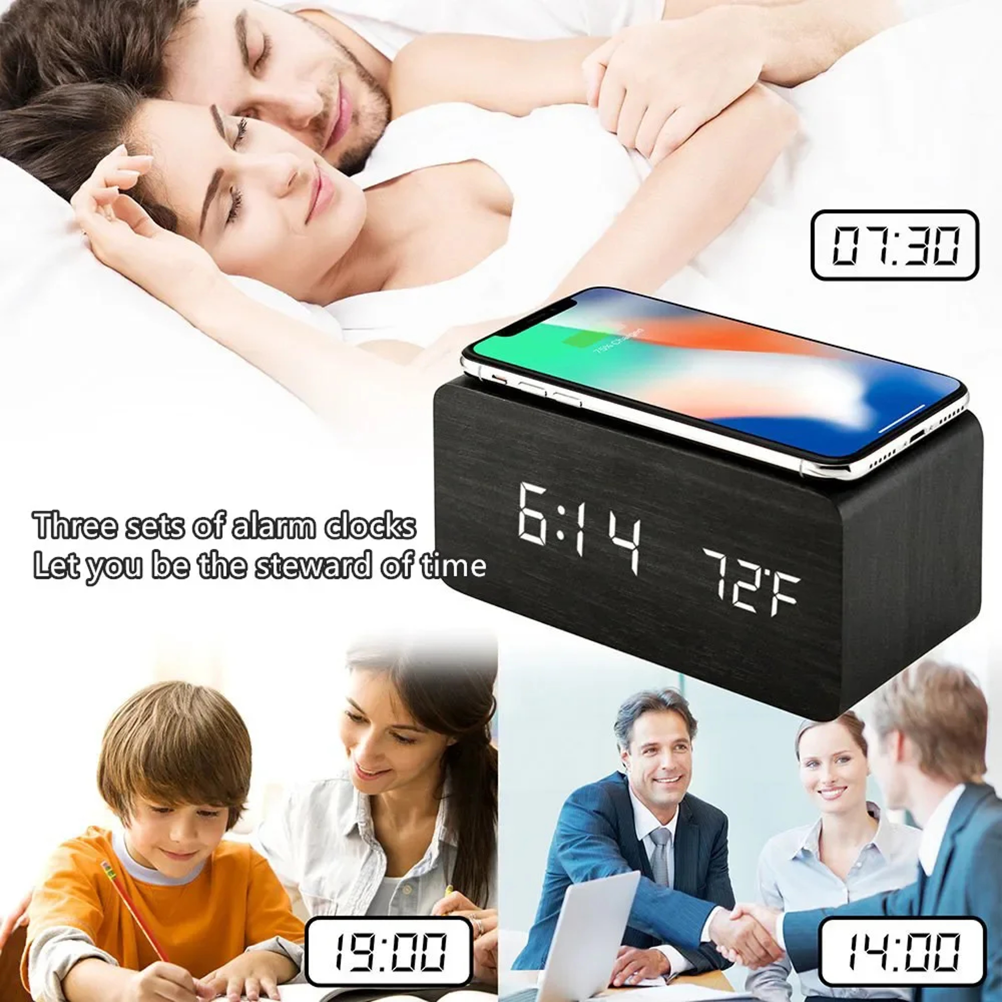 Wooden Digital Alarm Clock With Wireless Charging LED Bedside Clock Temperature And Humidity Displa