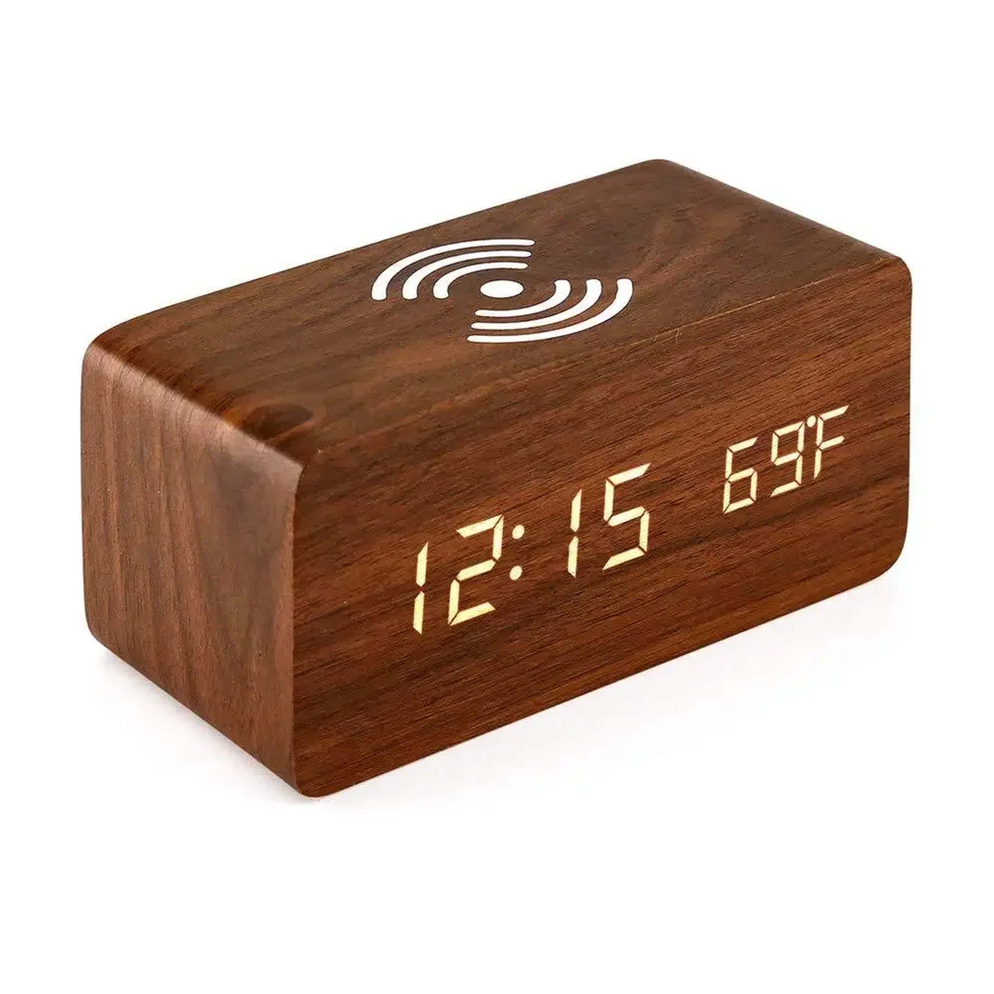 Wooden Digital Alarm Clock With Wireless Charging LED Bedside Clock Temperature And Humidity Displa