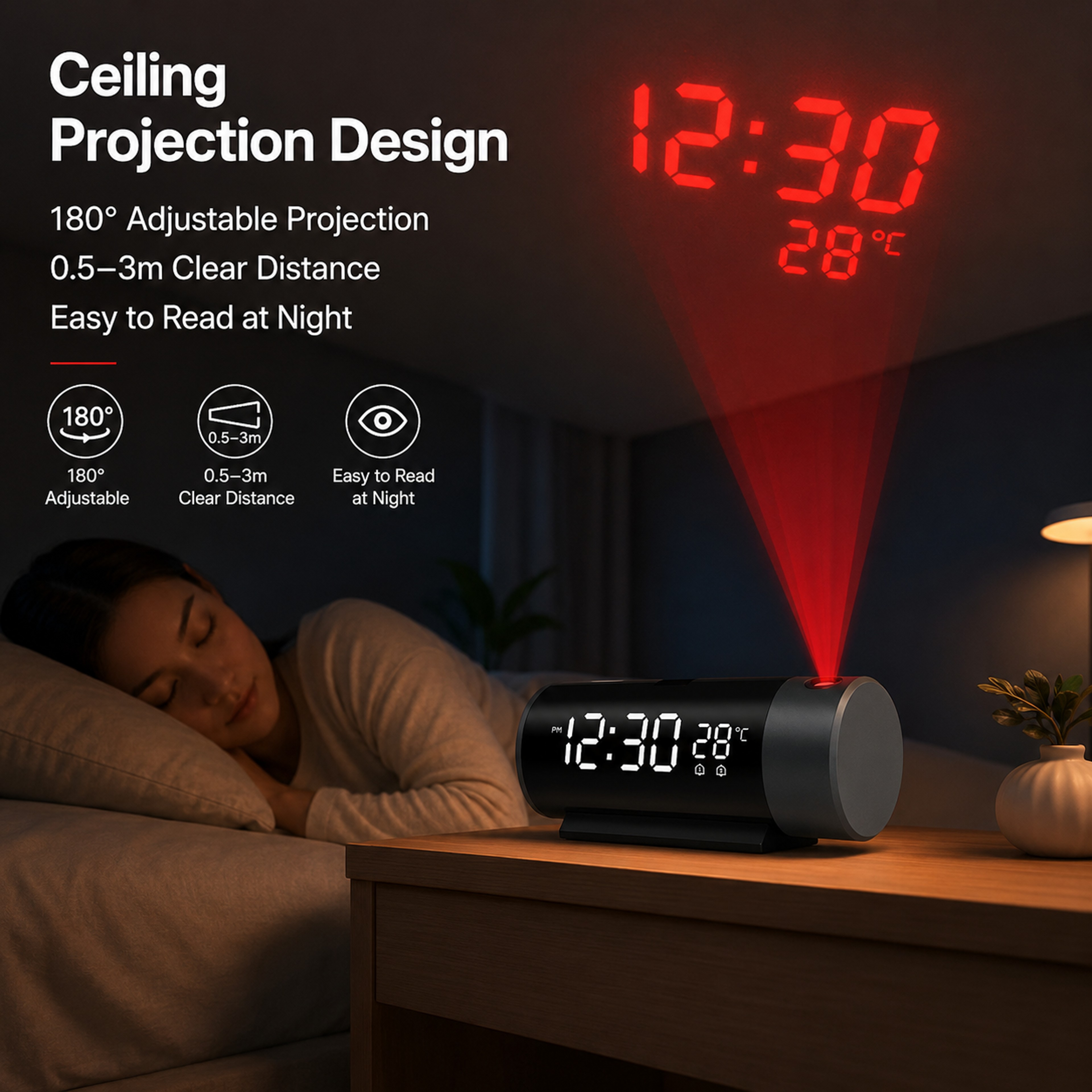 Projection Alarm Clock With Digital LED Display Ceiling Projection Clock Dual Alarm Temperature Dis 2