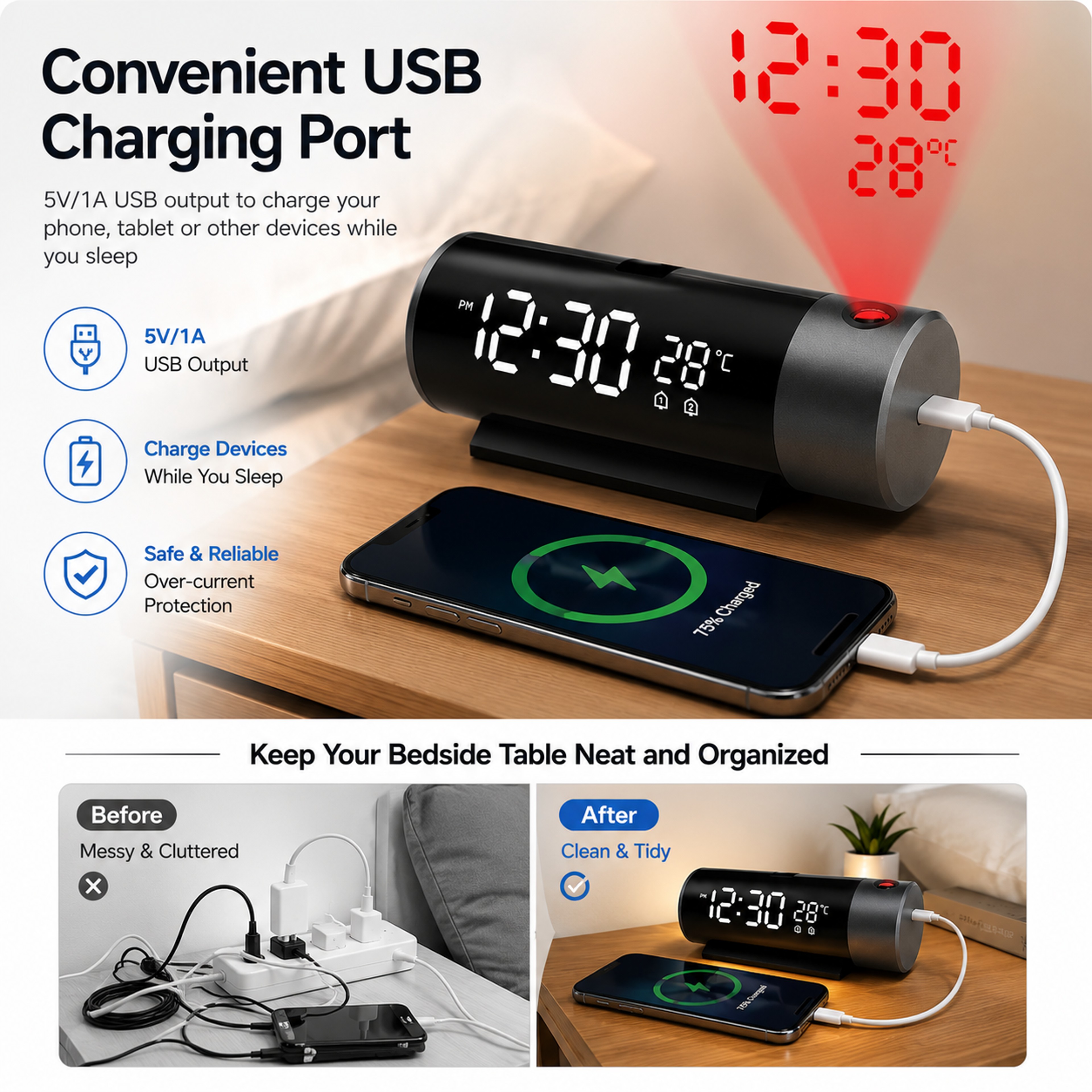 Projection Alarm Clock With Digital LED Display Ceiling Projection Clock Dual Alarm Temperature Dis 5