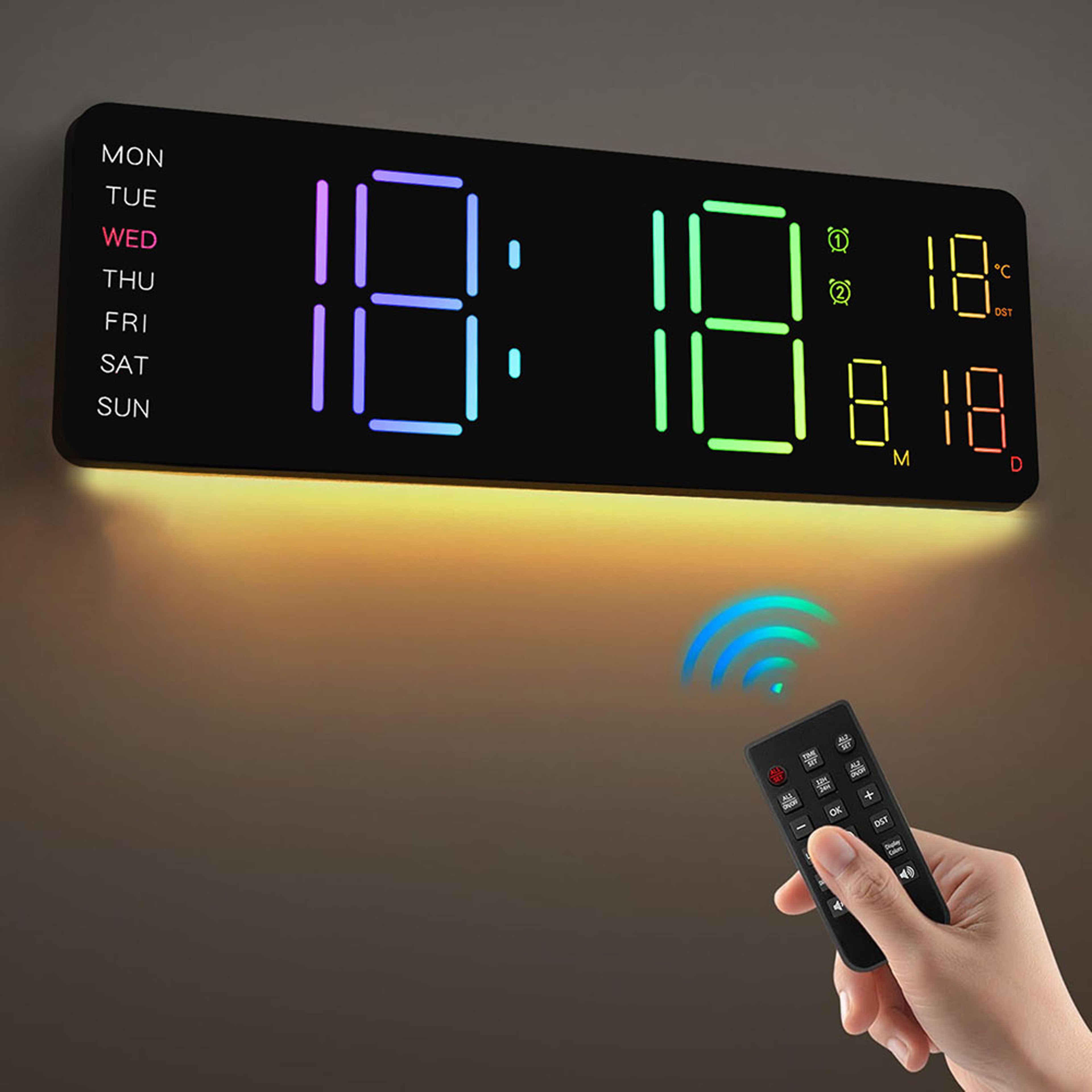 Digital LED Wall Clock With Remote Control Large Calendar Display RGB Night Light And Temperature M 0