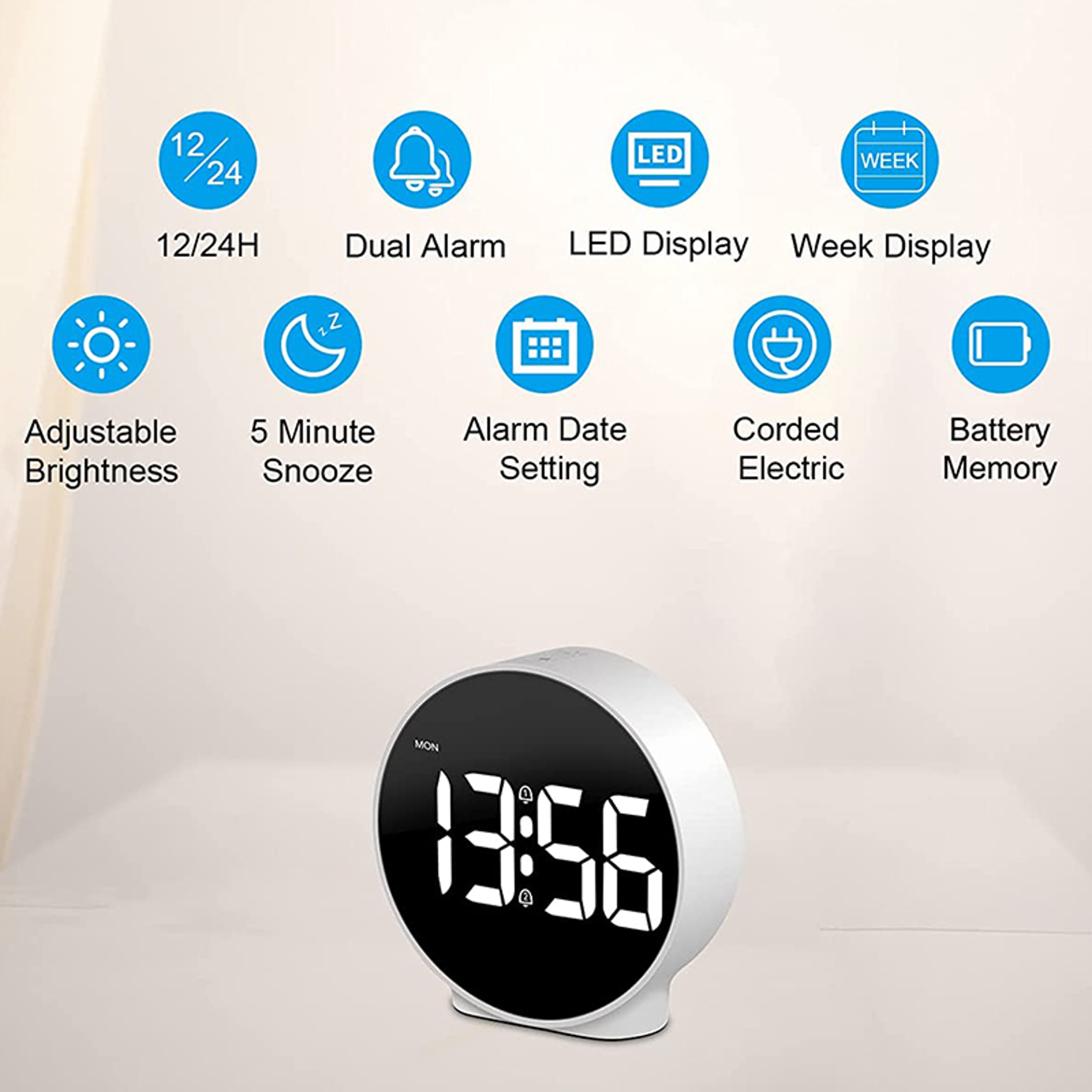 Smart LED Digital Alarm Clock With Dual Alarm Snooze Hour Bedside Travel Clock 2