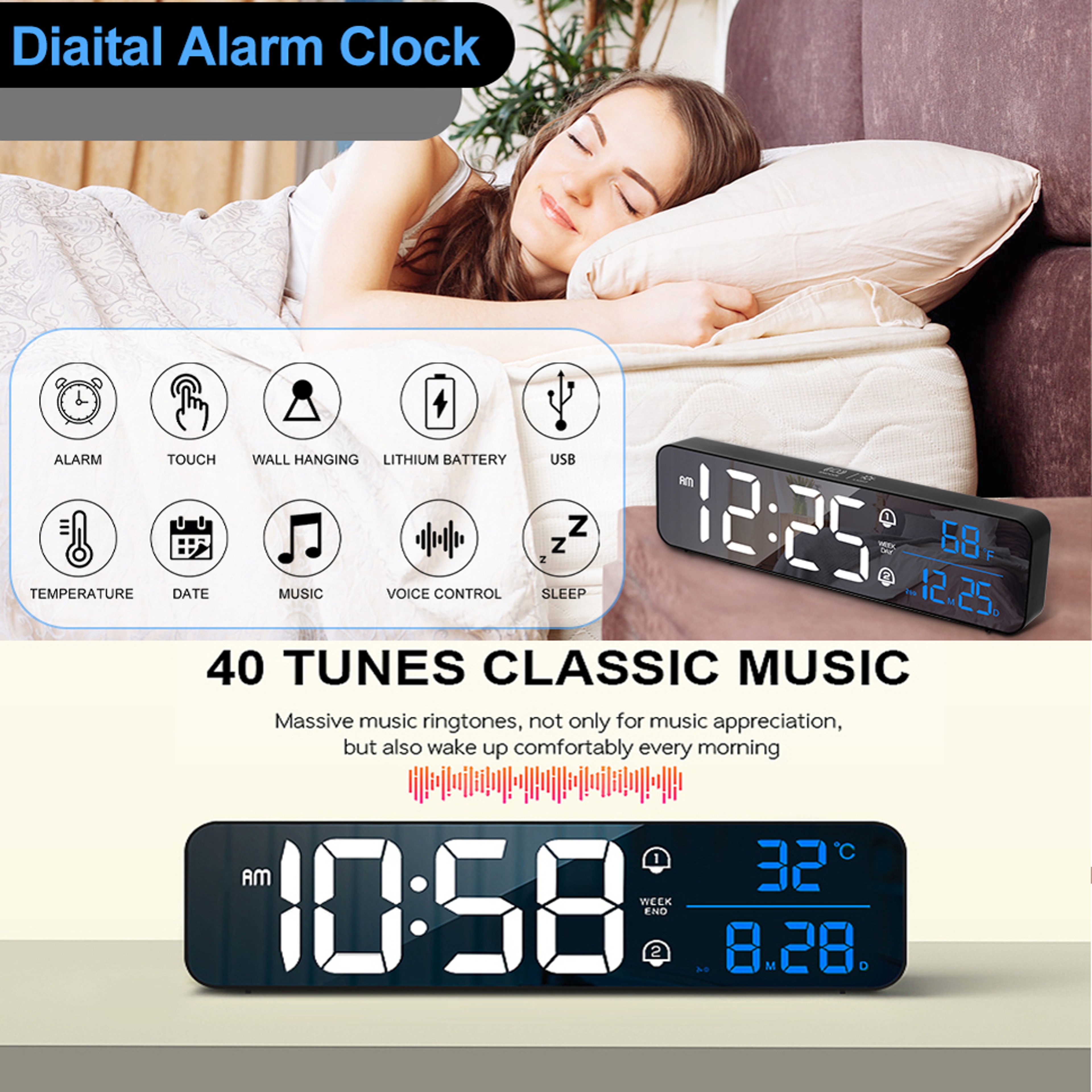 LED Digital Alarm Clock With Temperature Display Dual Alarms Snooze Function And 40 Ringtones 2