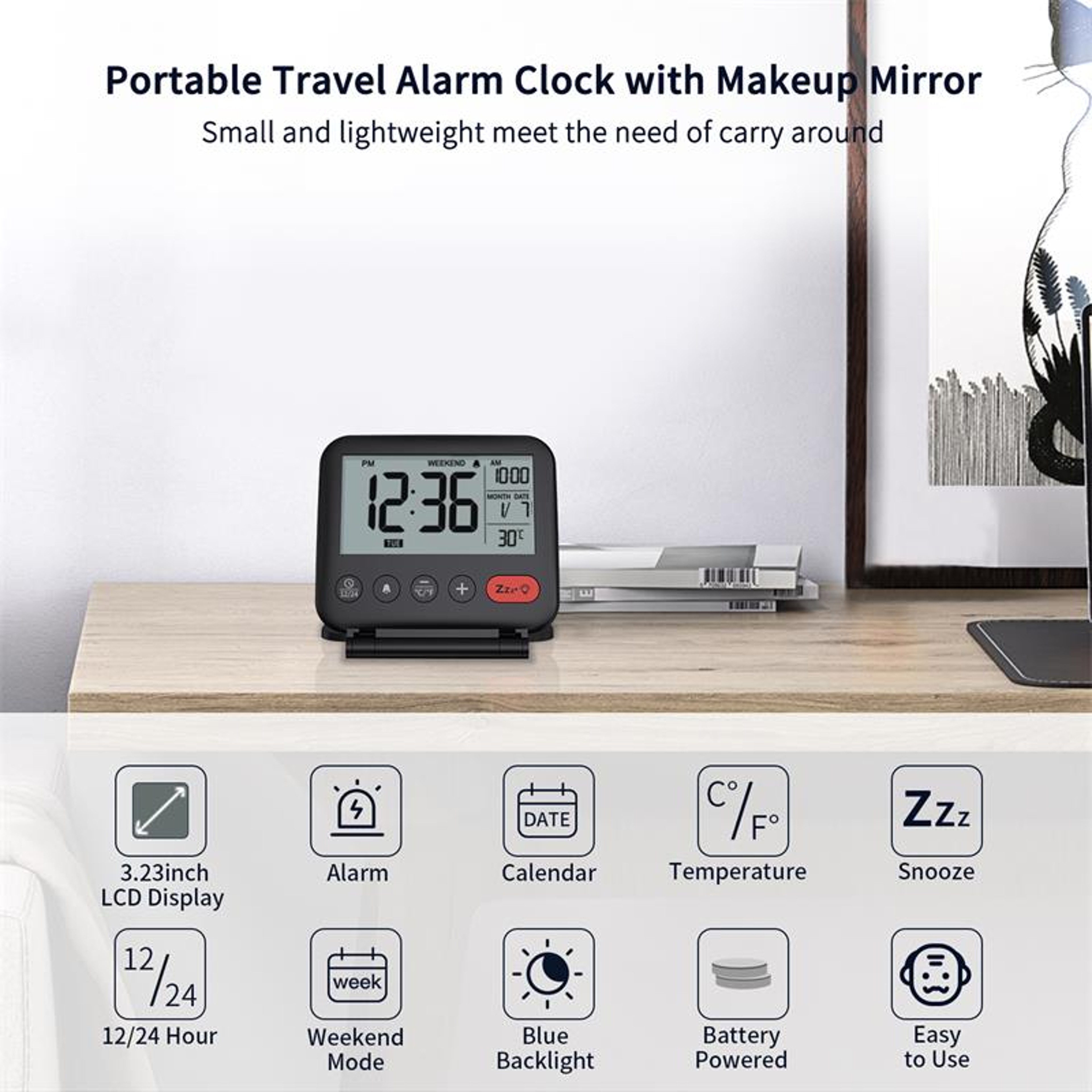 Portable Digital Travel Alarm Clock With Backlight LCD Display Temperature Monitor And Snooze Funct 2