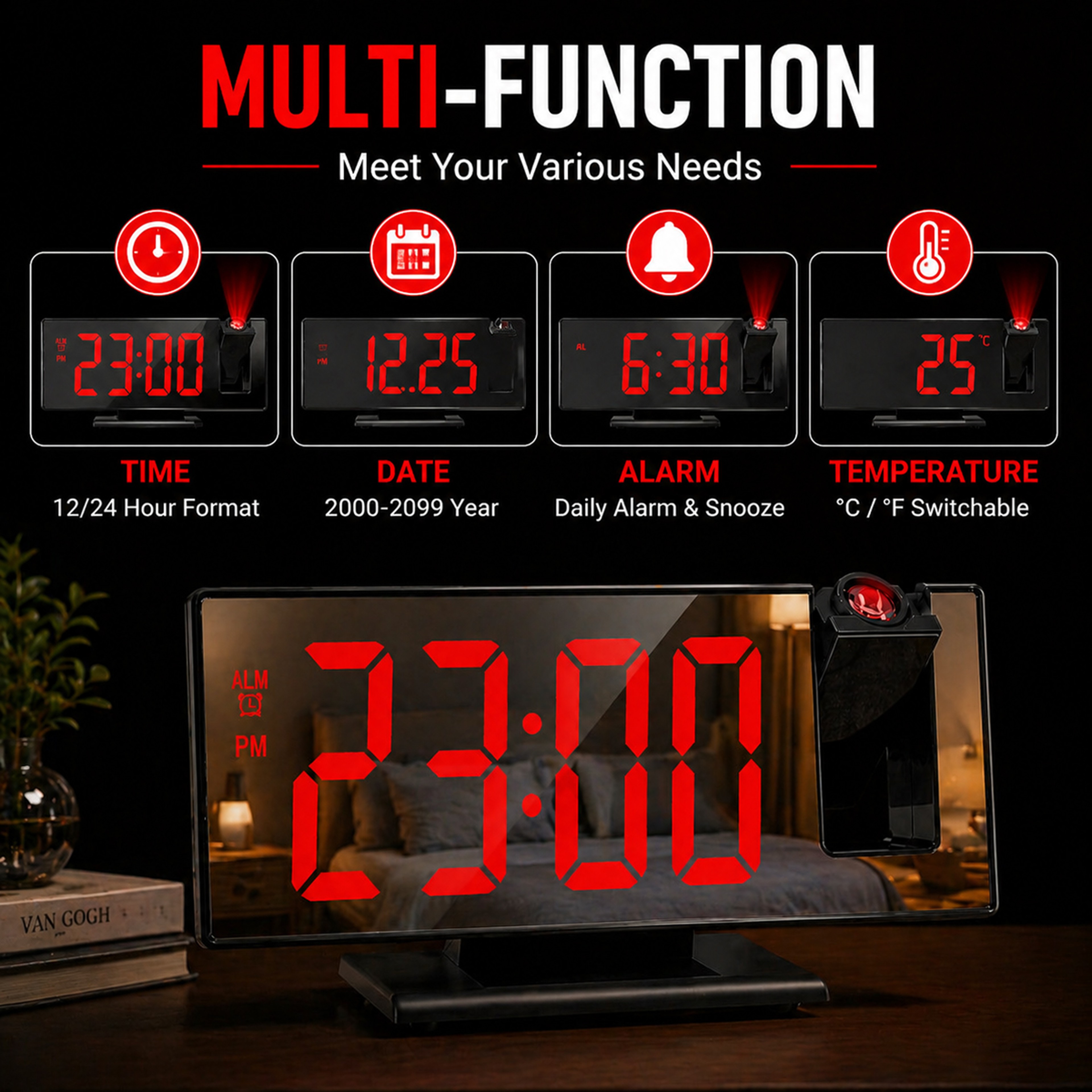 Rotating Projection Alarm Clock With Temperature Display USB Digital Bedside Clock 10