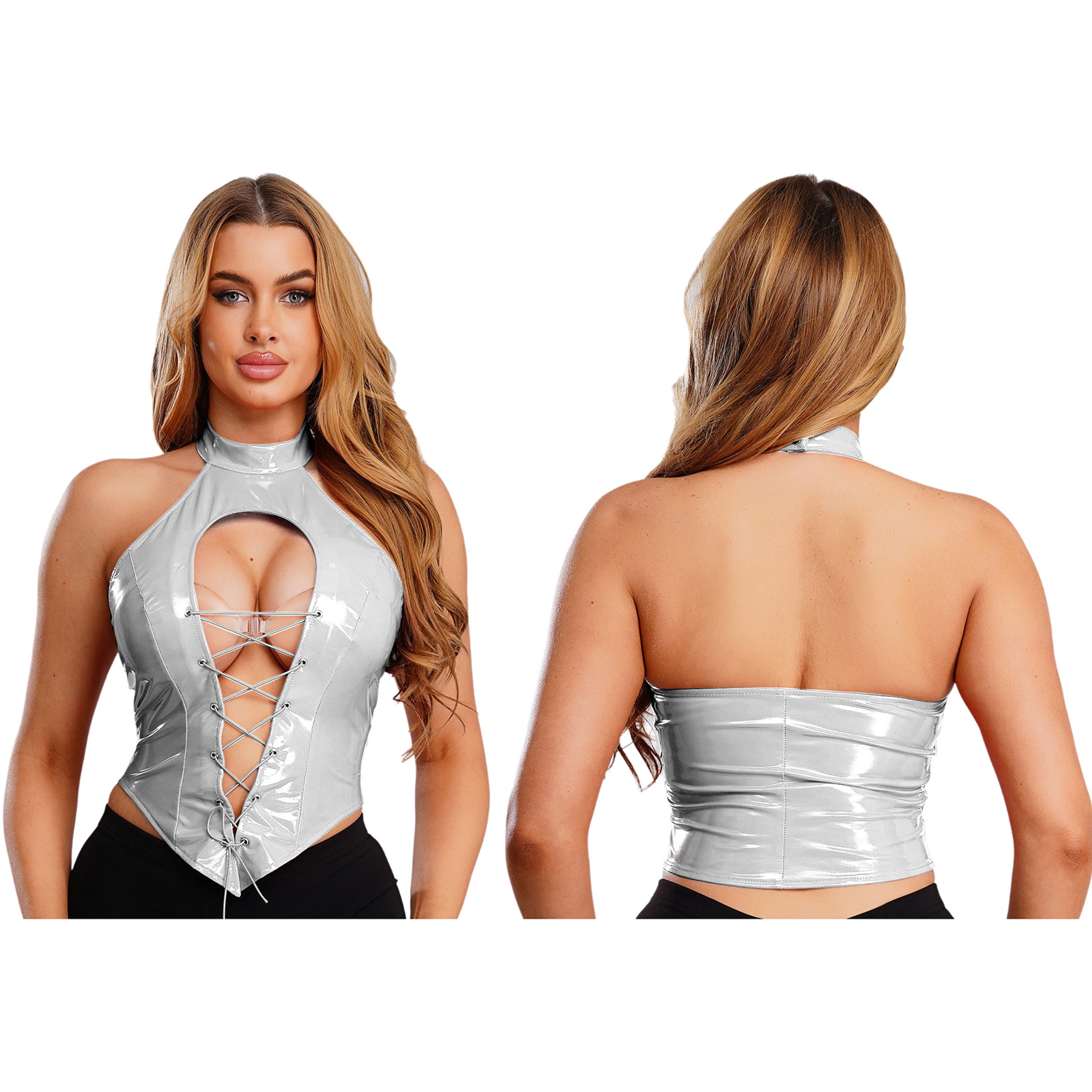 Gothic Faux Leather Corset Top With Lace Up Halter Design 2