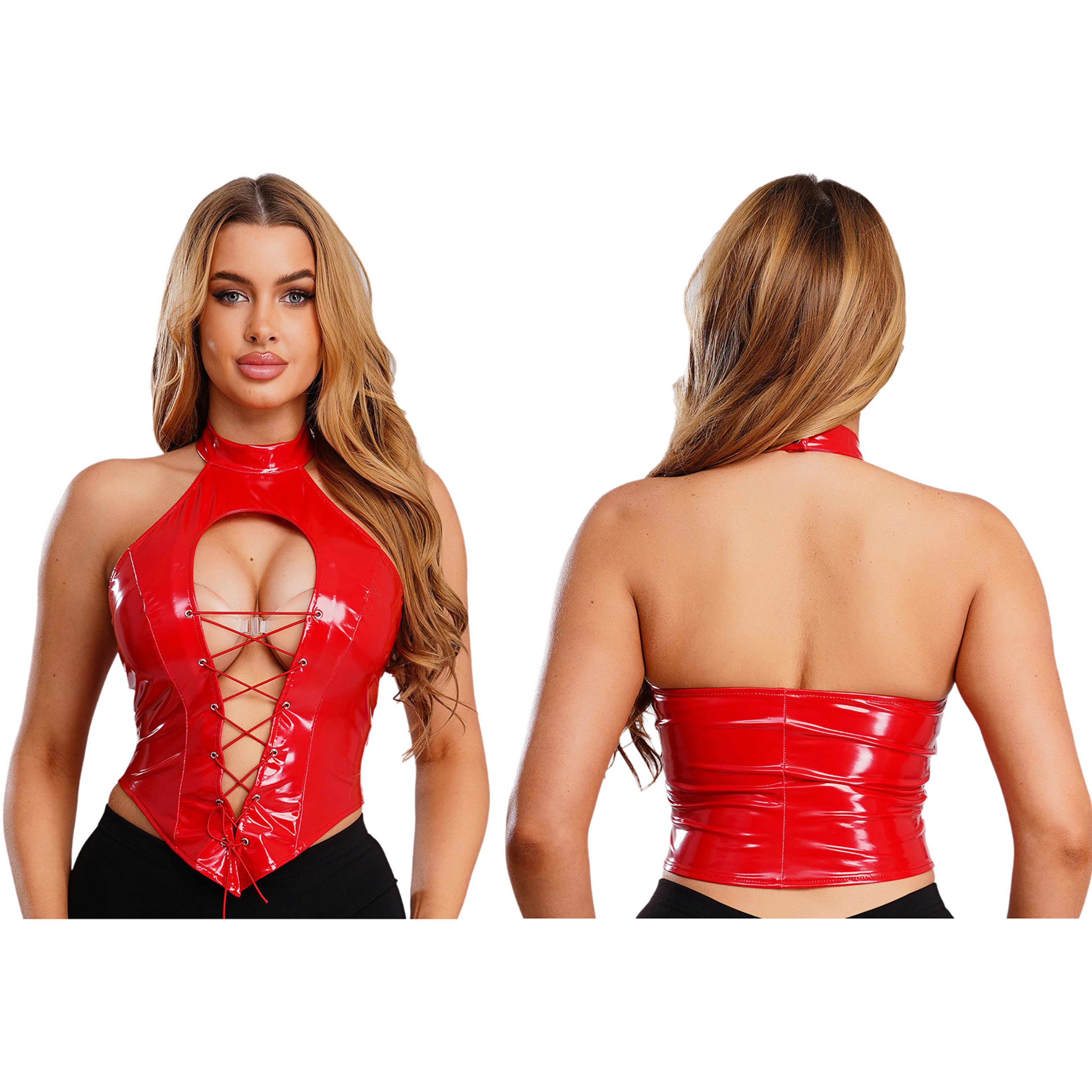 Gothic Faux Leather Corset Top With Lace Up Halter Design 1