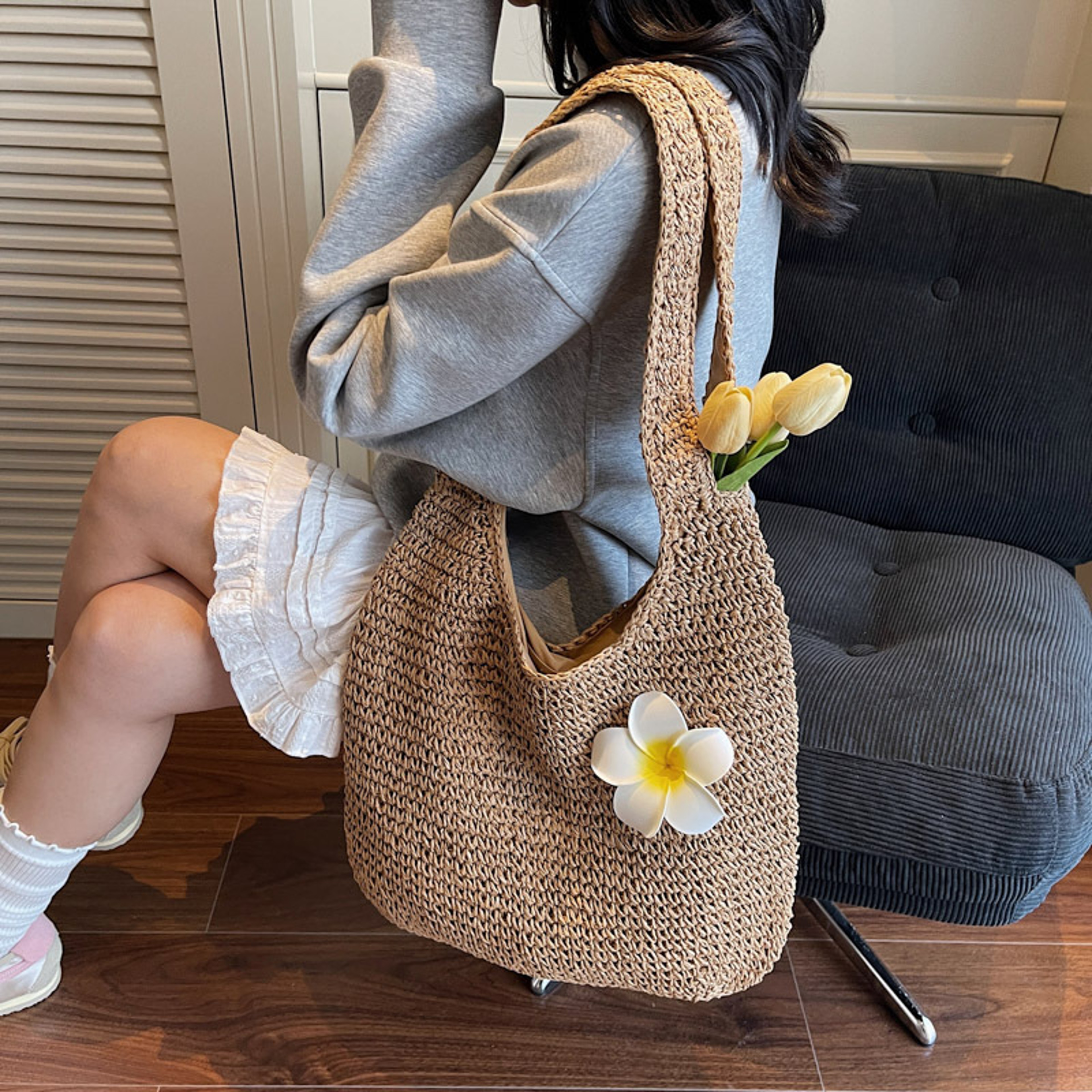 Floral Crochet Shoulder Bag Lightweight Knitted Hobo Tote For Women 4