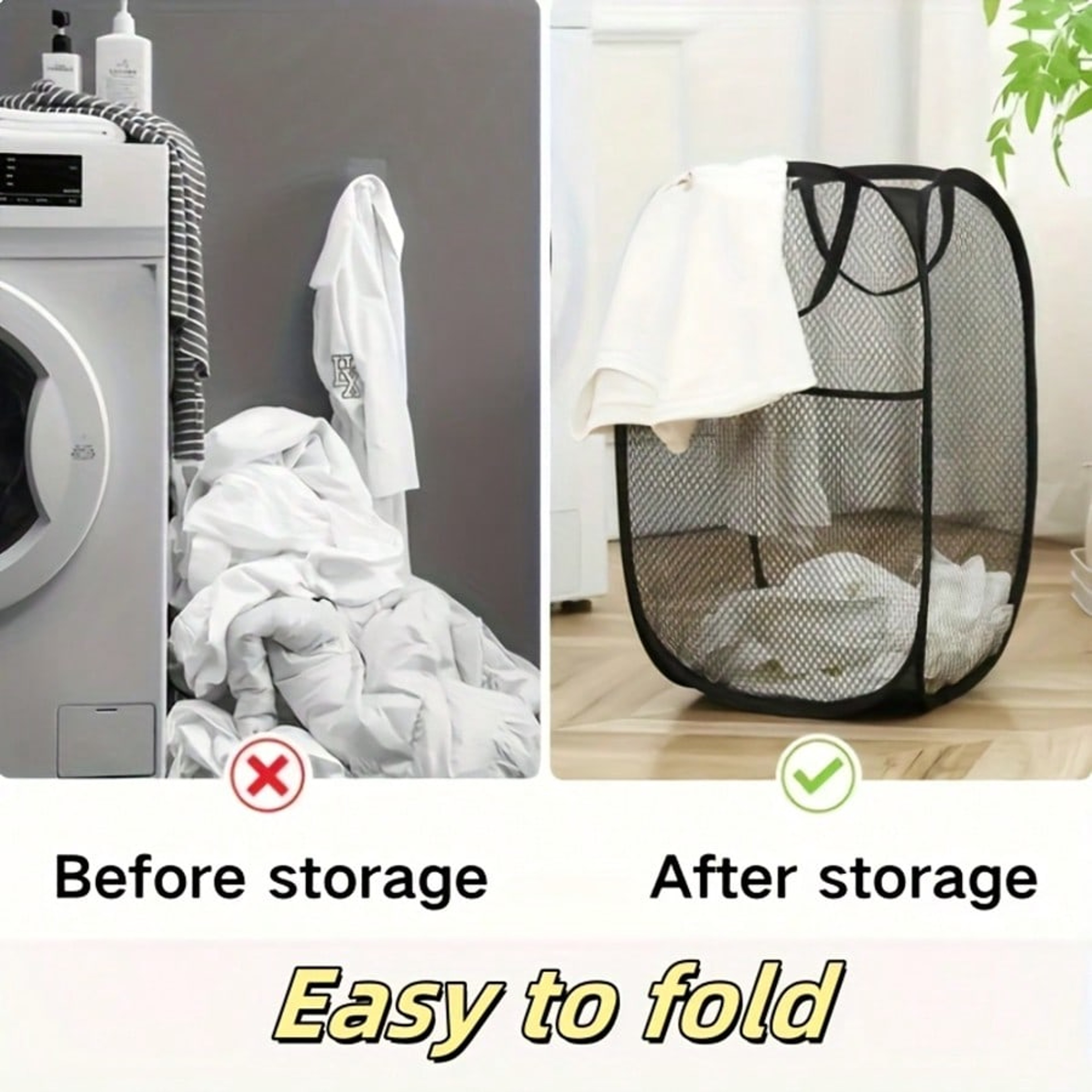 Foldable Laundry Basket Large Mesh Laundry Hamper Space Saving Storage Bin – view 2