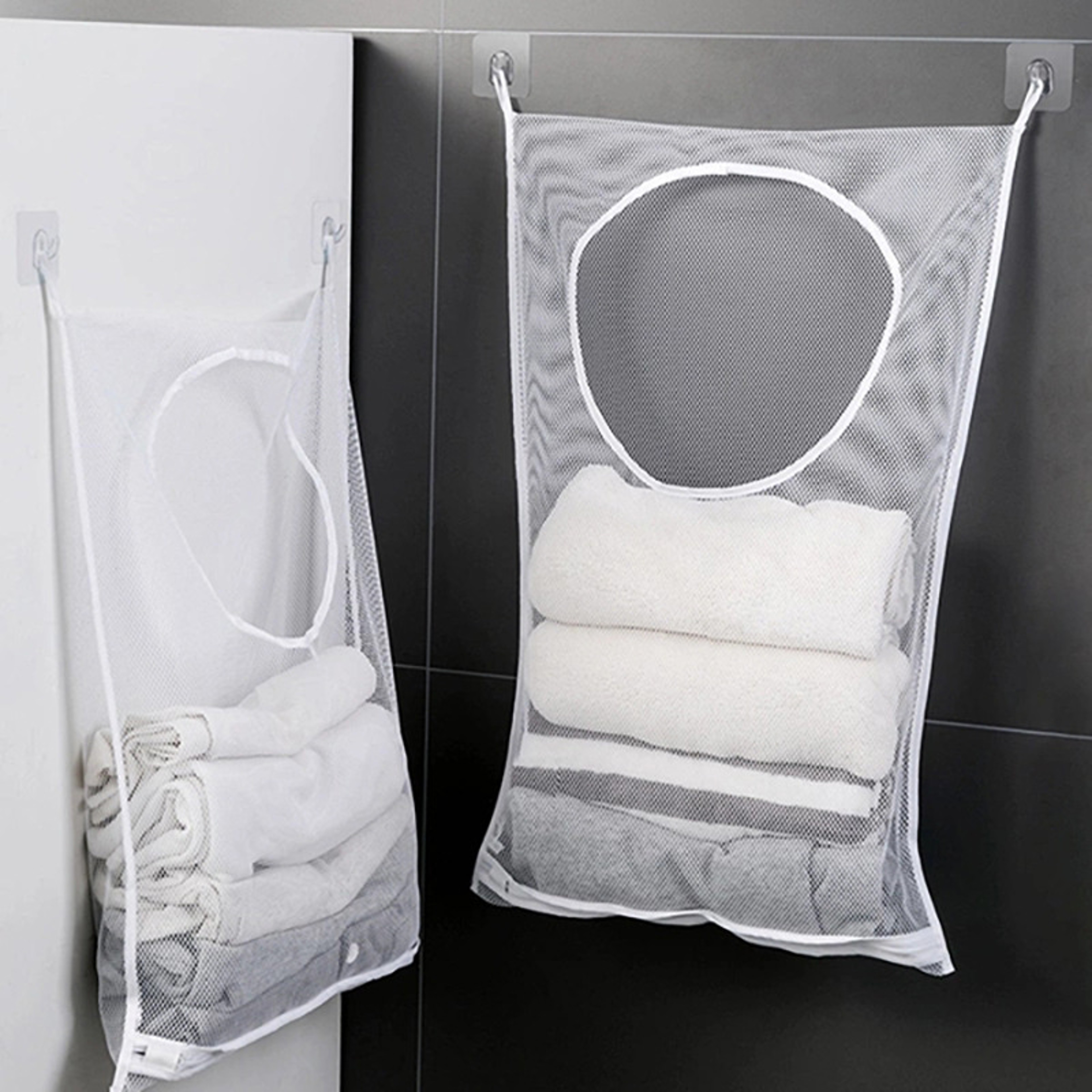 Space Saving Wall Mounted Laundry Hamper Foldable Mesh Hanging Laundry Basket With Hook 2