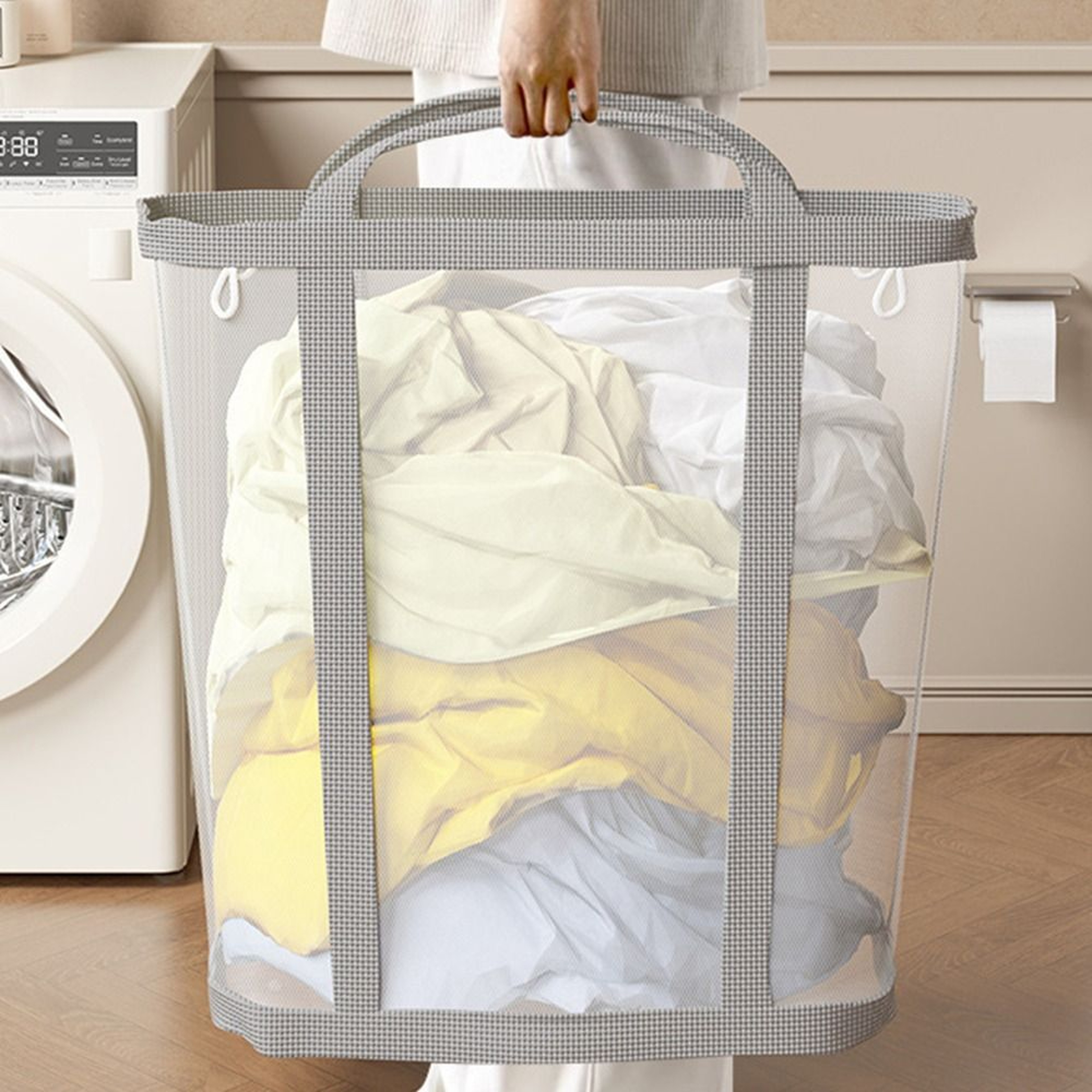 Large Foldable Laundry Basket With Breathable Mesh And Carry Handles 0