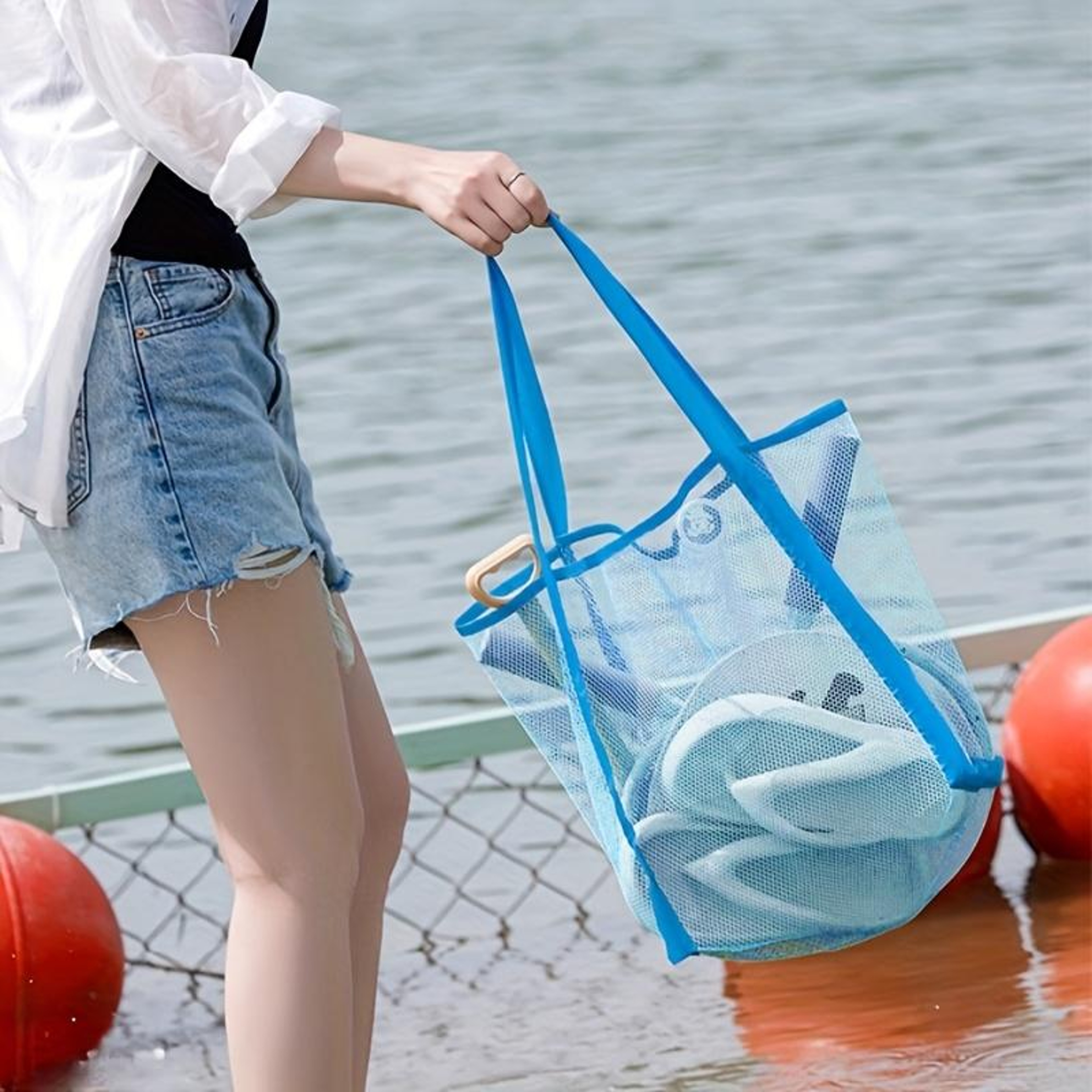 Large Mesh Beach Bag Sand Away Foldable Toy Storage Tote 6