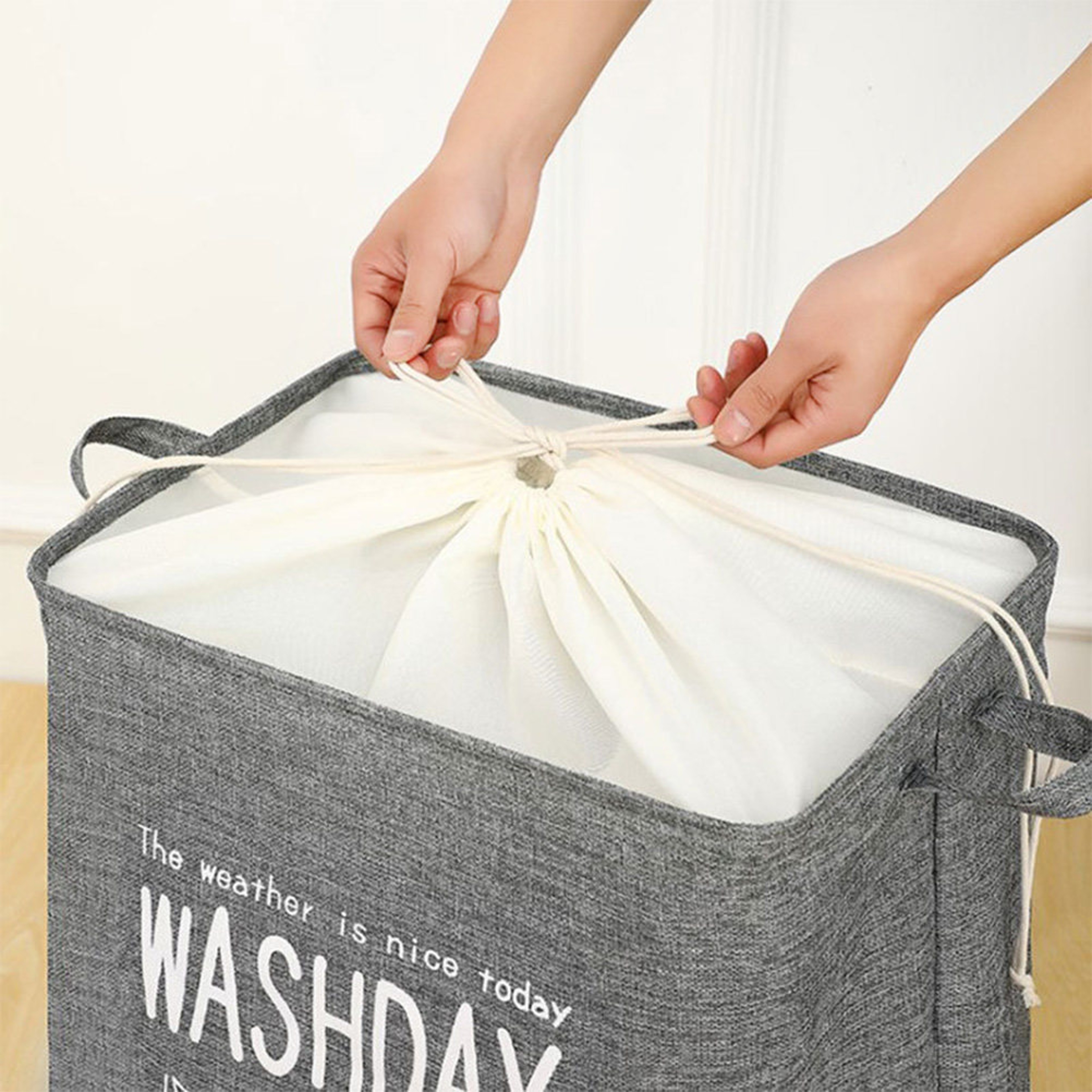 Foldable Cotton Linen Laundry Basket Large Grey Storage Hamper – view 2