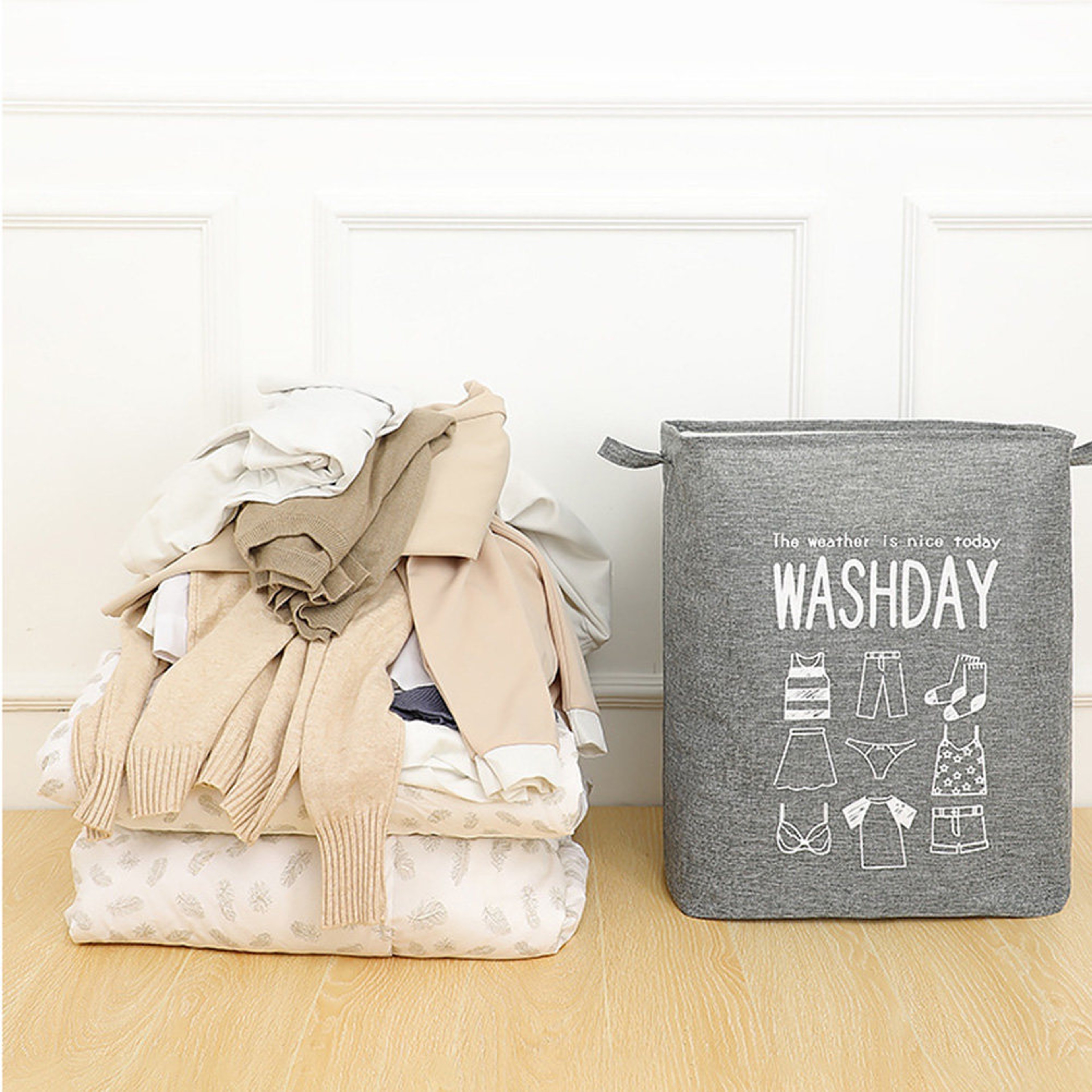 Foldable Cotton Linen Laundry Basket Large Grey Storage Hamper – view 3