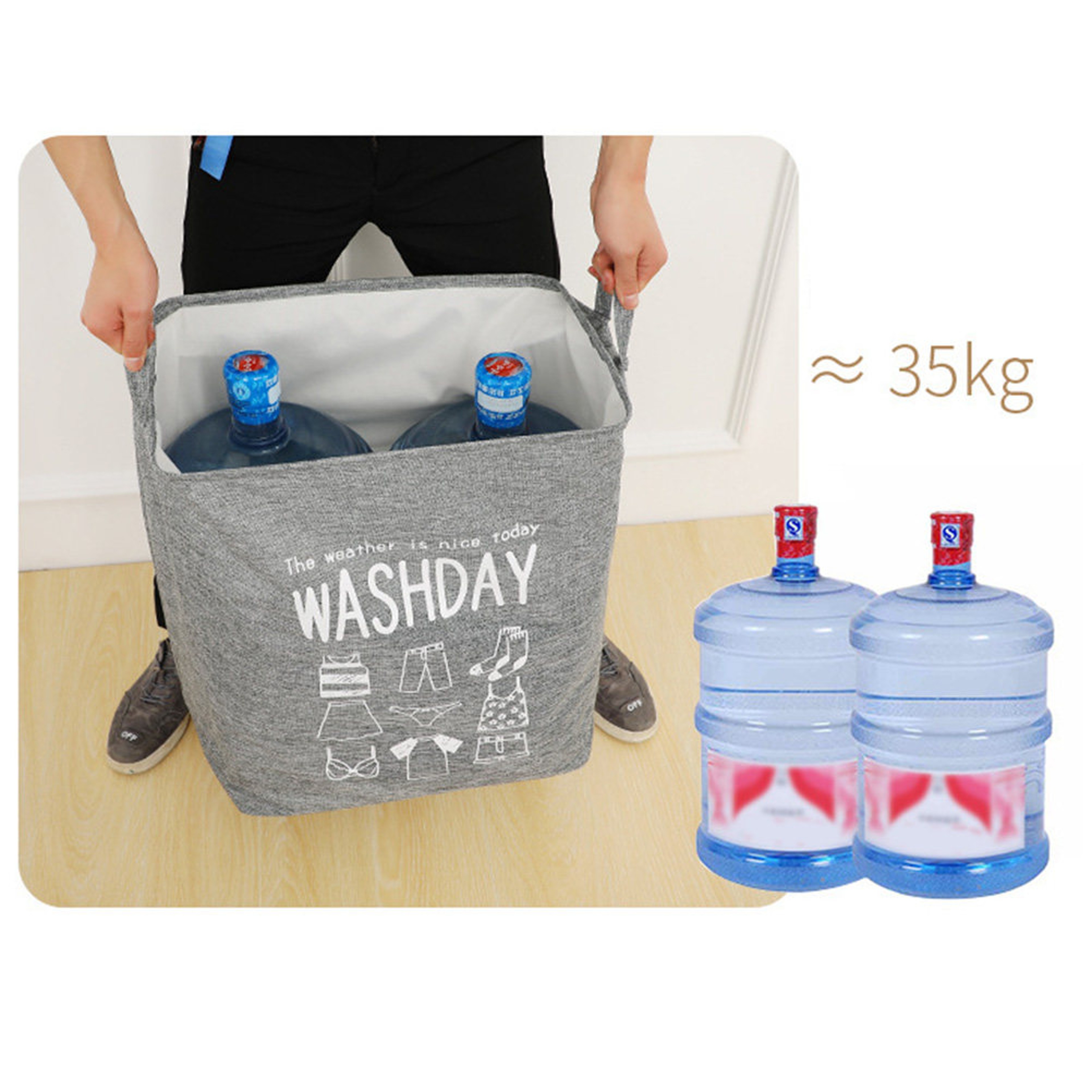 Foldable Cotton Linen Laundry Basket Large Grey Storage Hamper – view 4