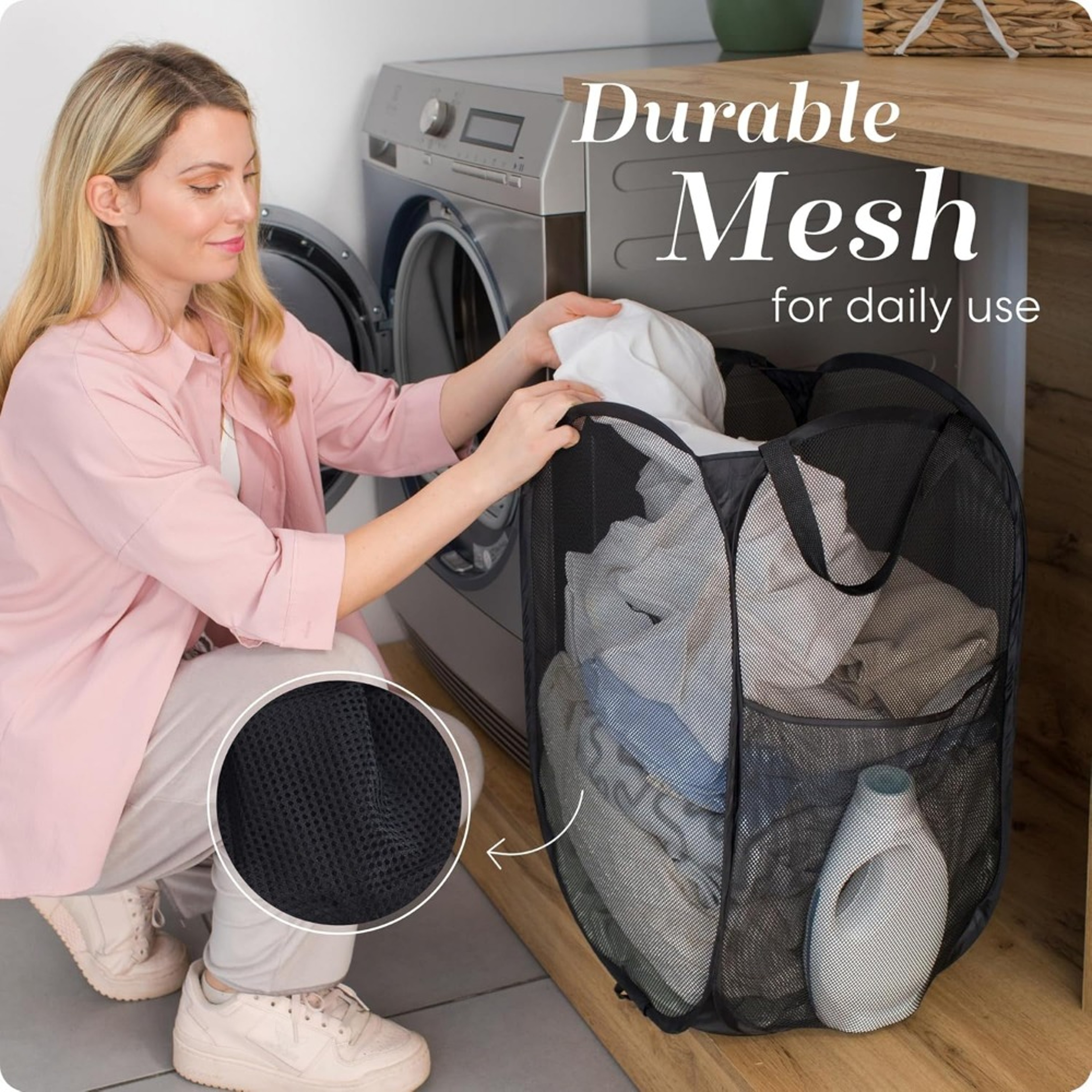 Large Collapsible Laundry Hamper With Breathable Mesh Side Pocket 5