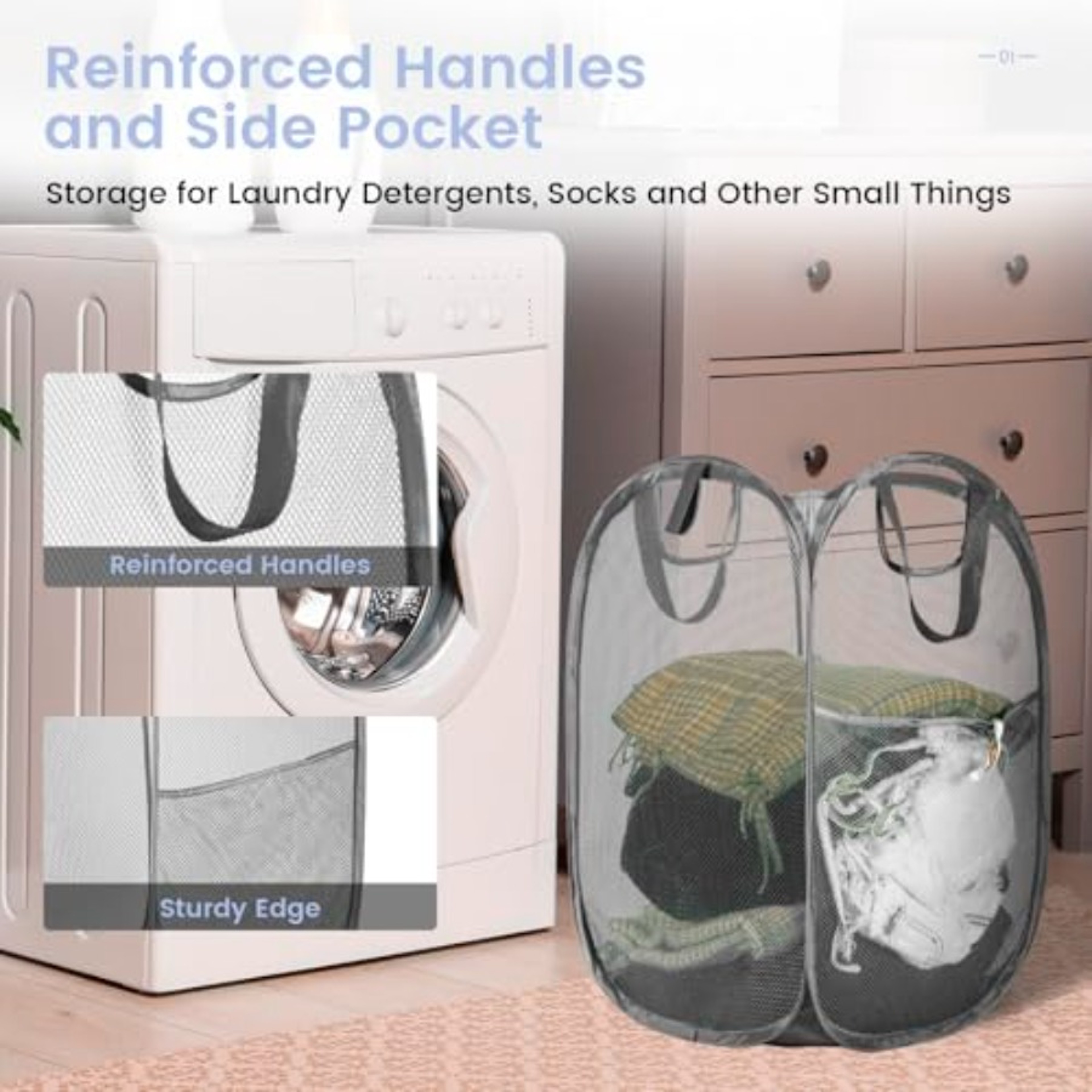Mesh Pop Up Laundry Hamper Collapsible Basket With Handles 5