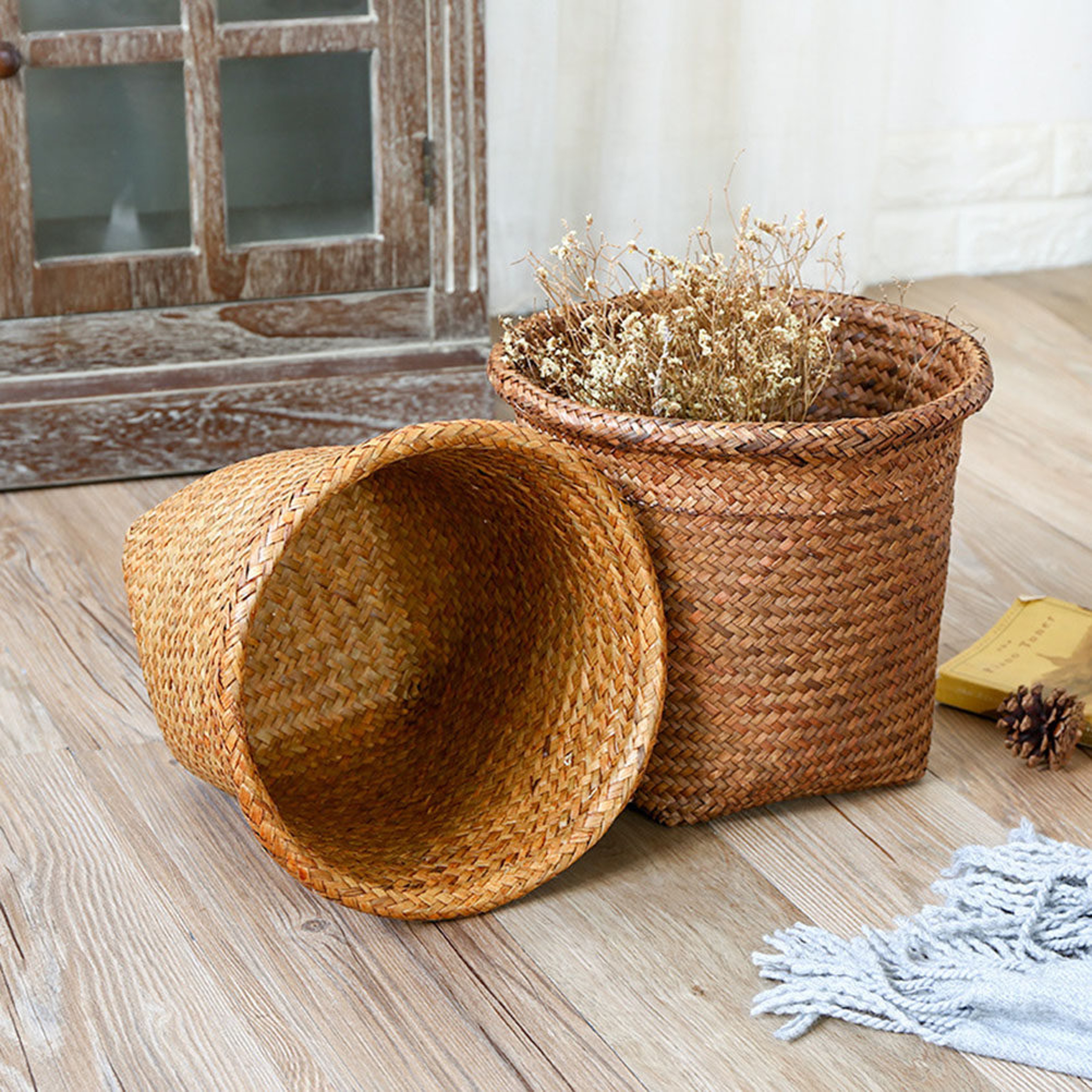Natural Handwoven Straw Laundry Basket Rustic Multipurpose Storage Organizer 4