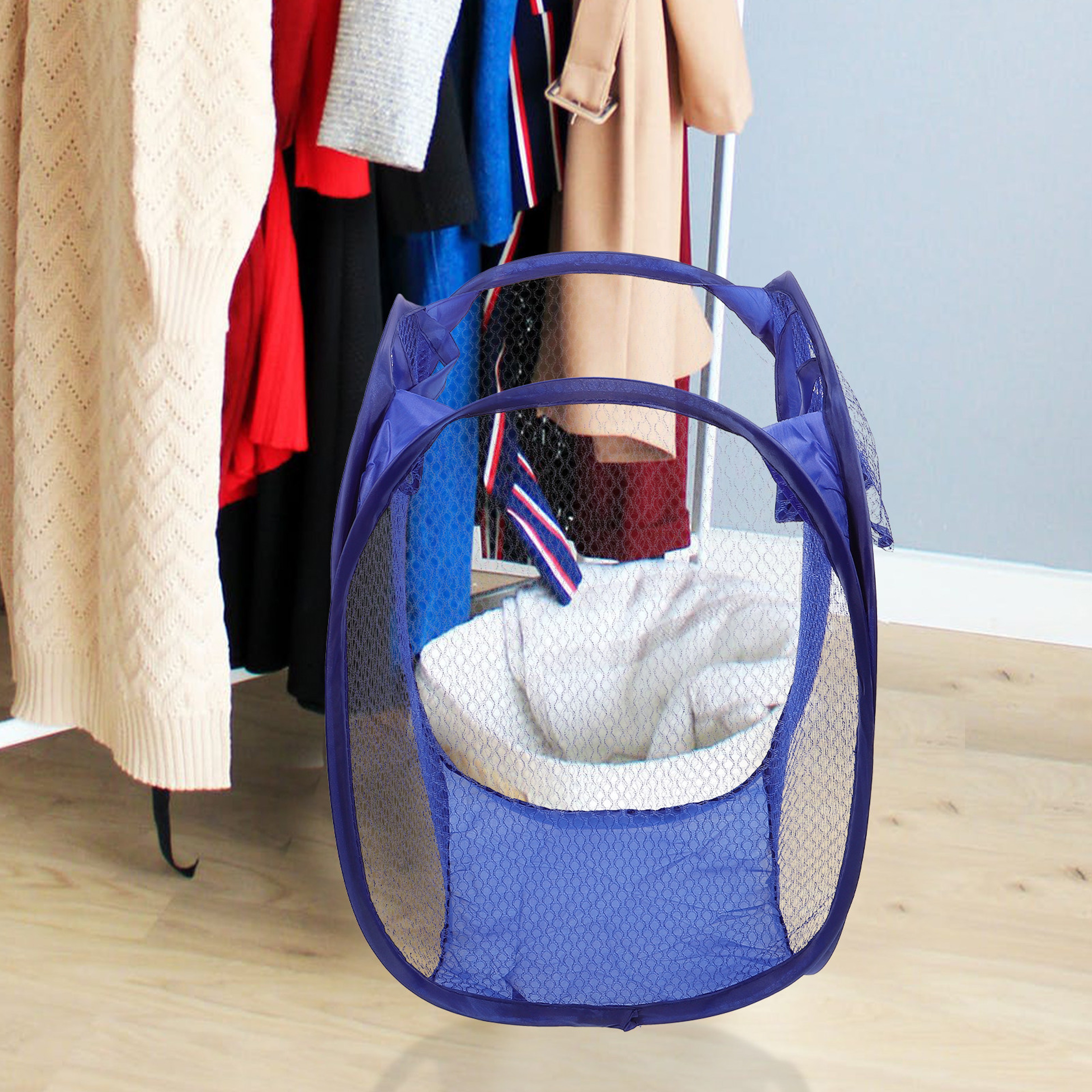 Purple Pop Up Laundry Hamper Foldable Mesh Laundry Basket With Handles And Side Pocket 9