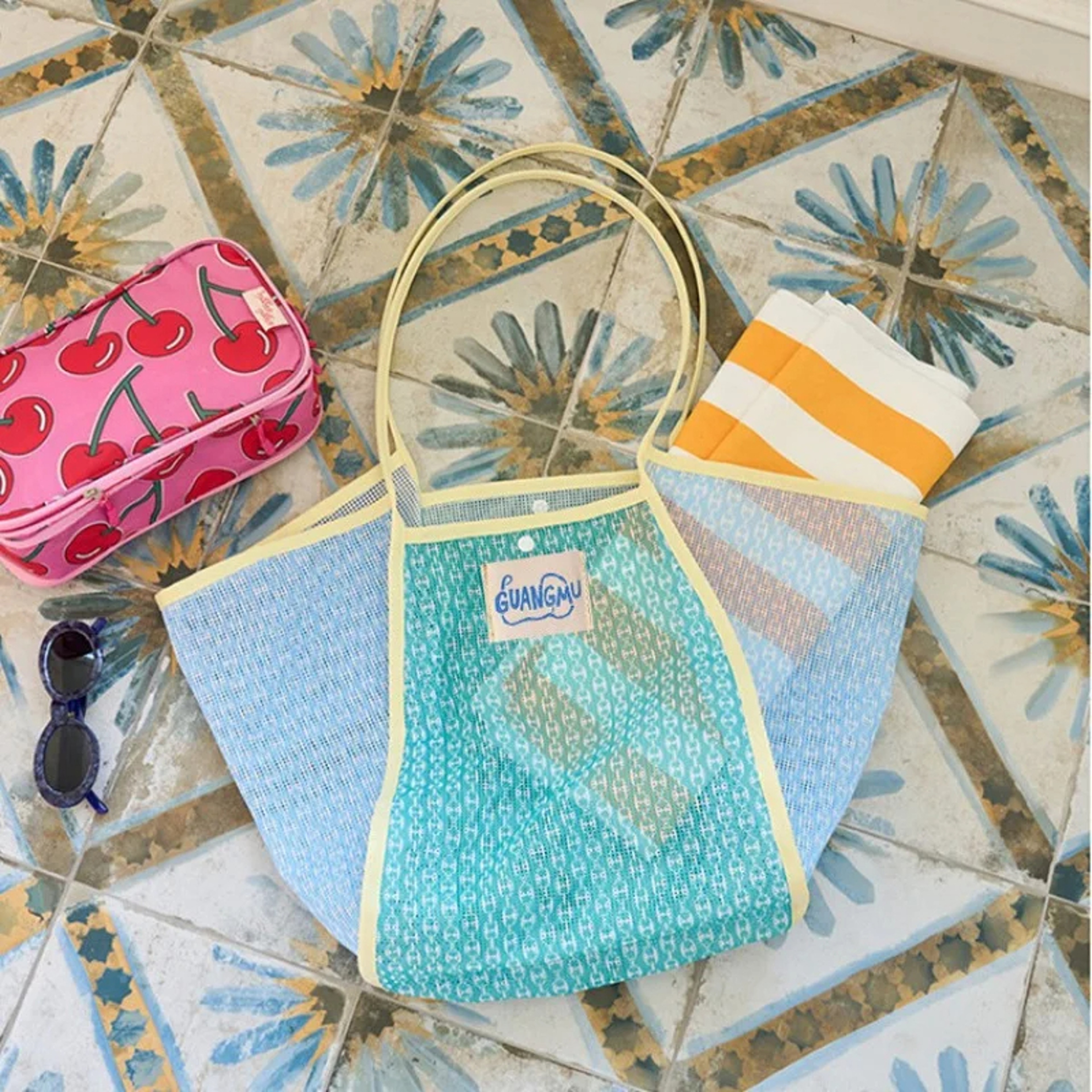 Color Block Mesh Beach Bag Large Capacity Beach Tote For Pool Travel 5