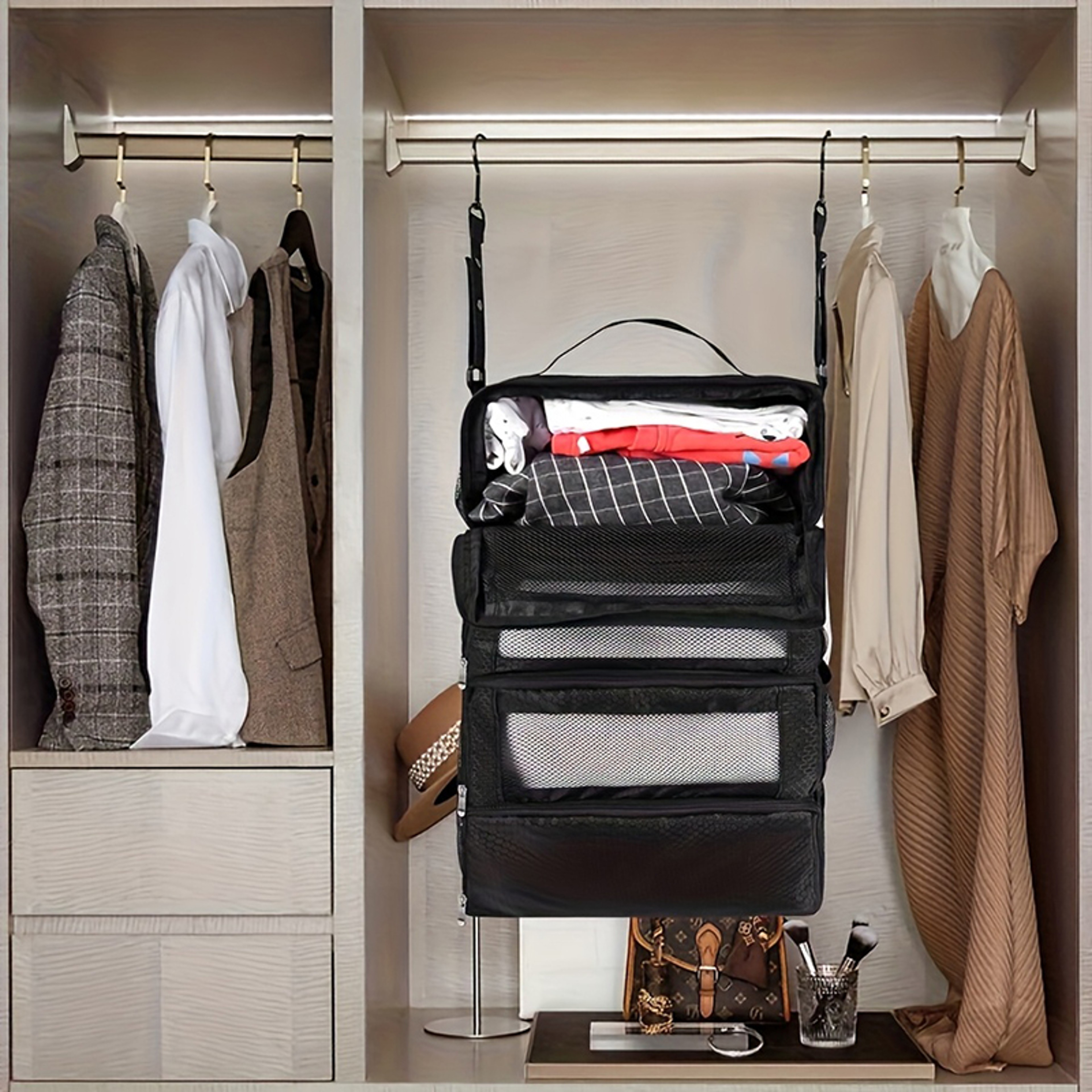 Hanging Suitcase Organizer Collapsible Travel Luggage Organizer With Packing Shelves 6