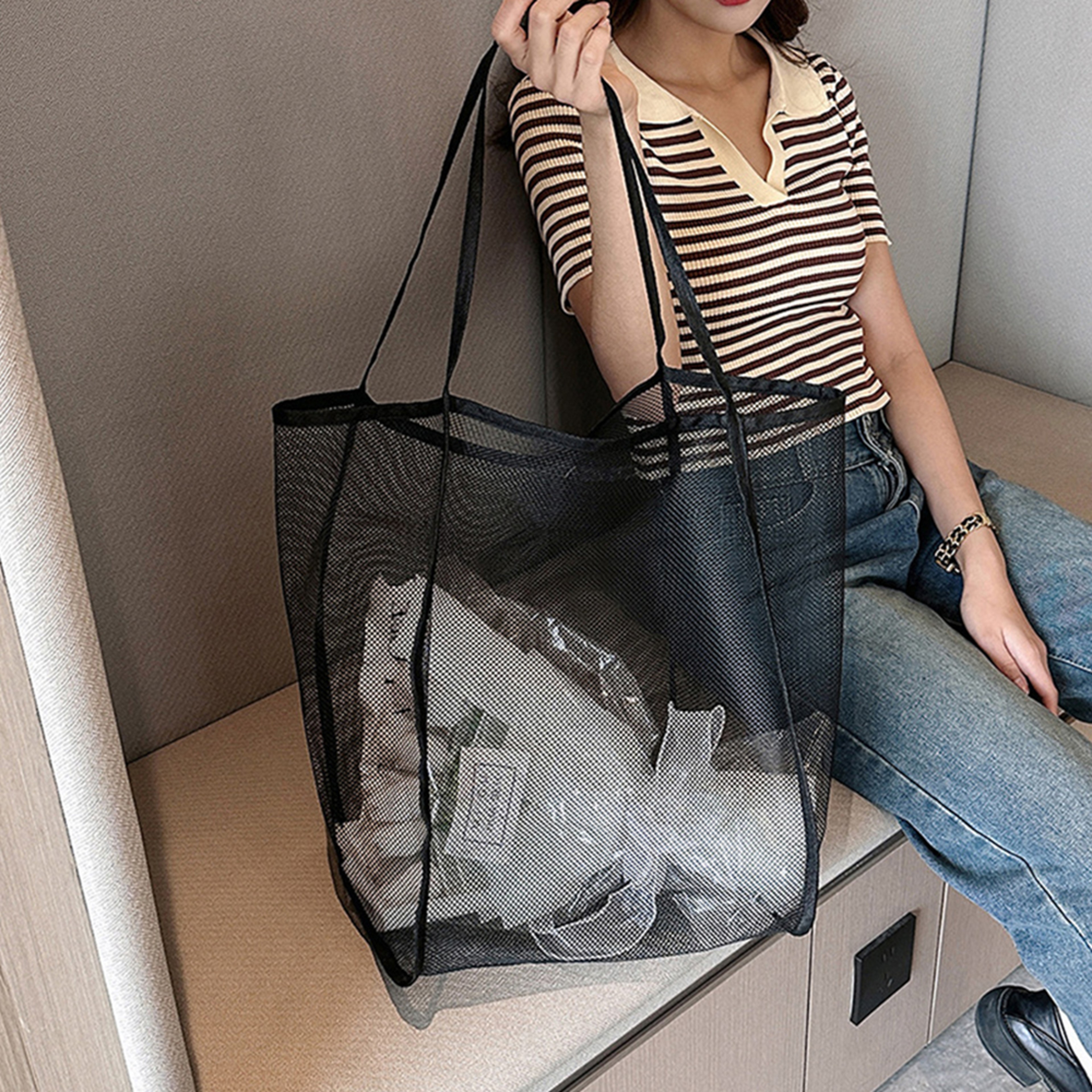 Extra Large Mesh Beach Bag With Transparent Tote And Cosmetic Pouch 3