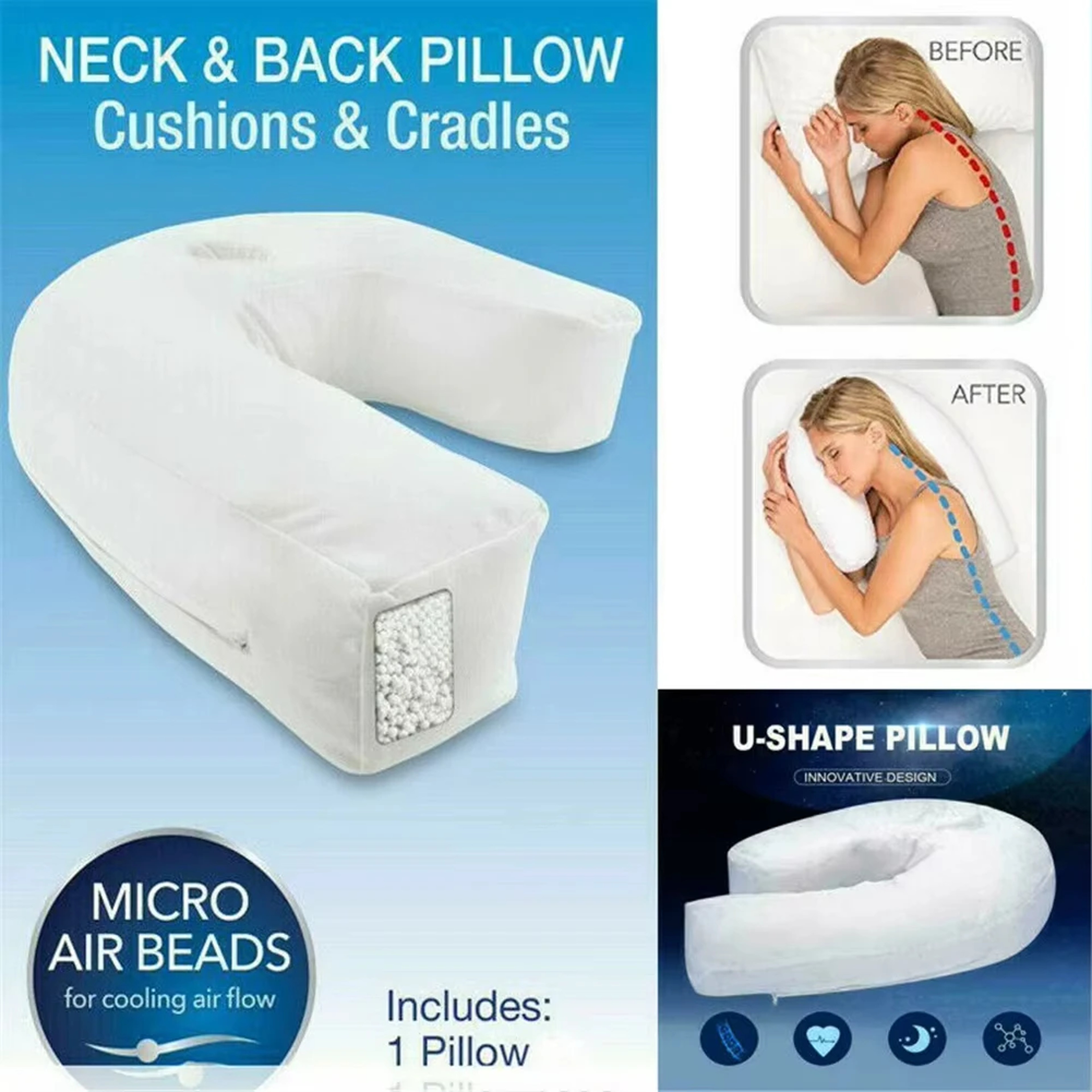 UShaped Side Sleeper Pillow With Ear Hole Memory Foam Neck And Shoulder Support 2