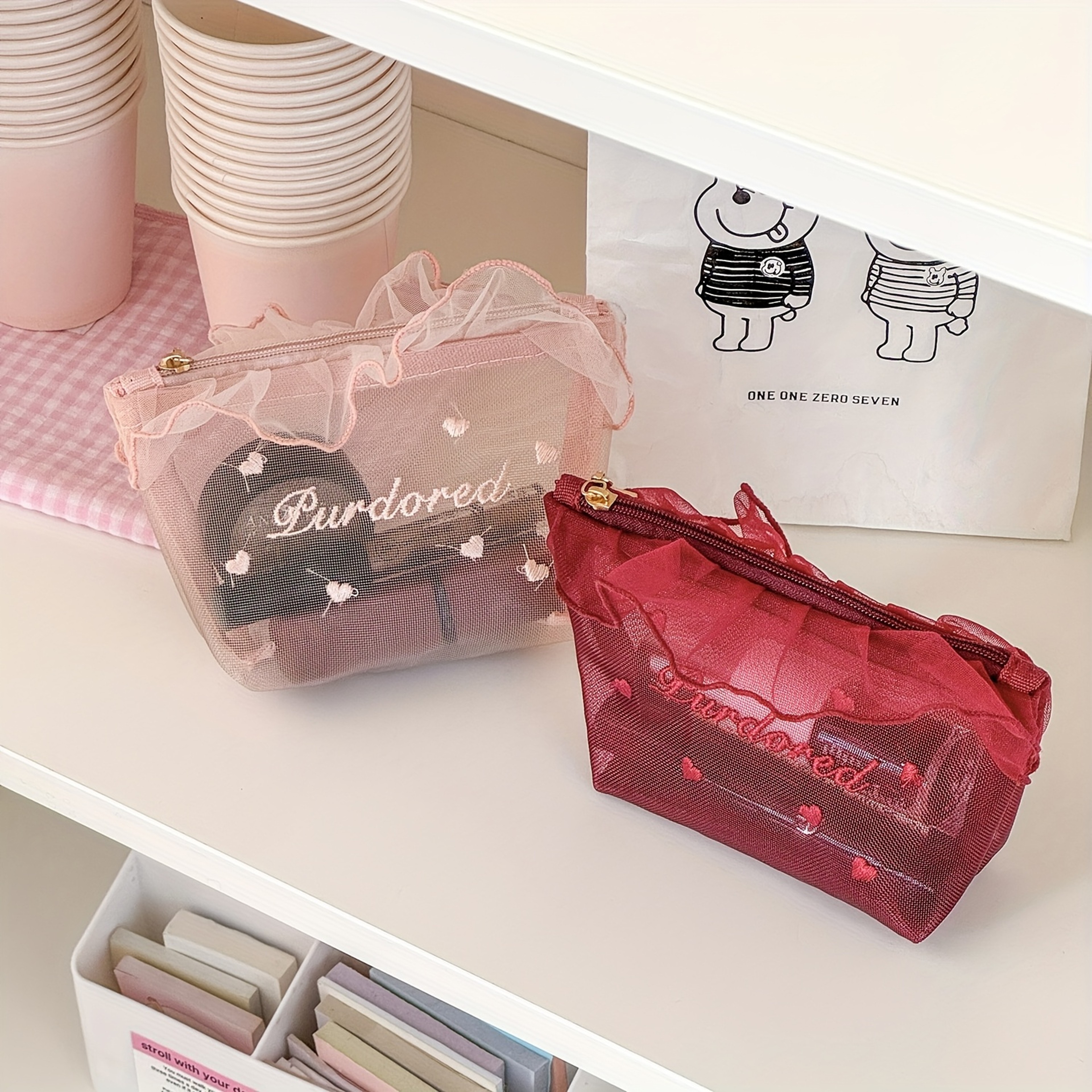 Red Mesh Makeup Bag with Ruffle Trim and Love Embroidery – view 1