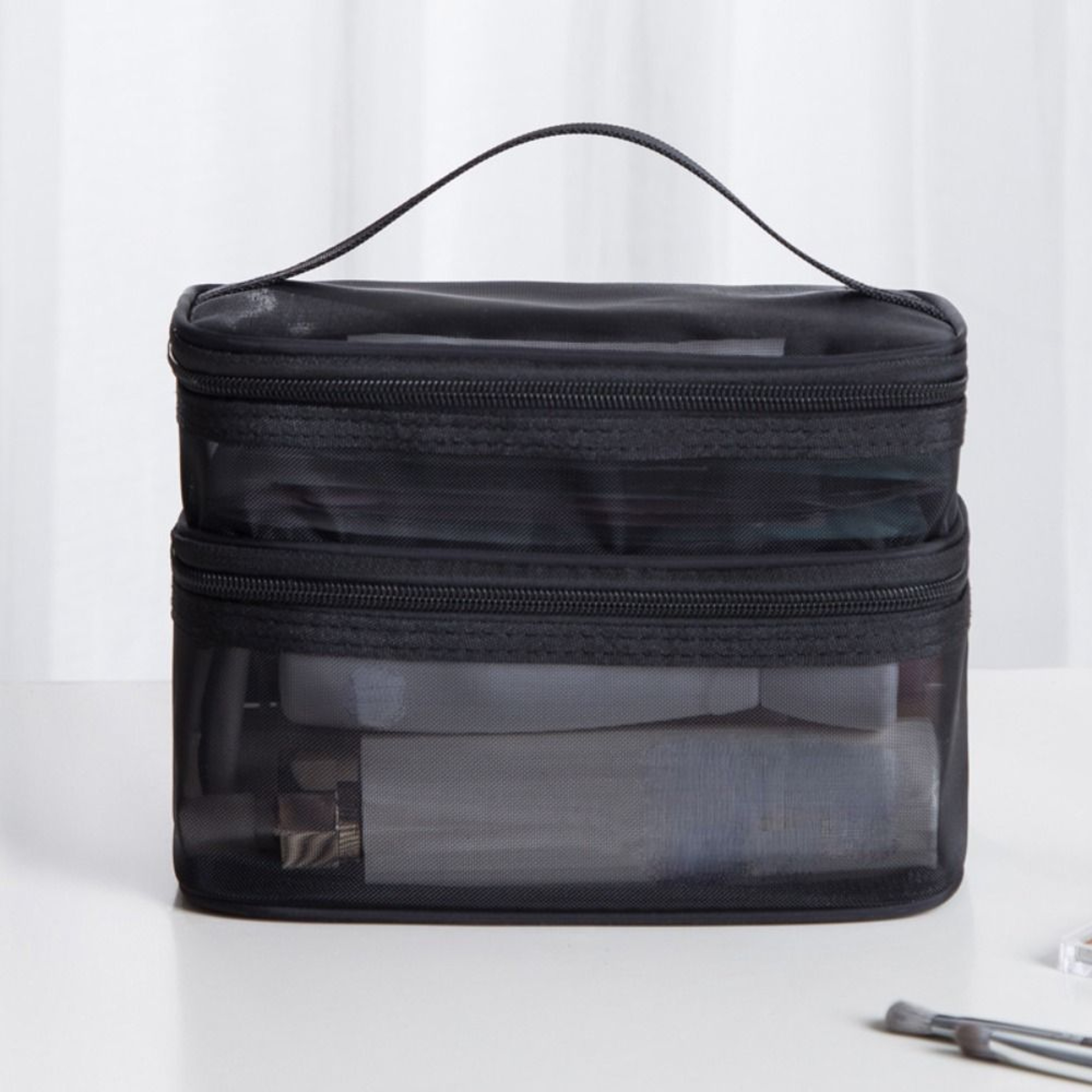 Double Layer Travel Makeup Bag Large Capacity Mesh Cosmetic Organizer 0