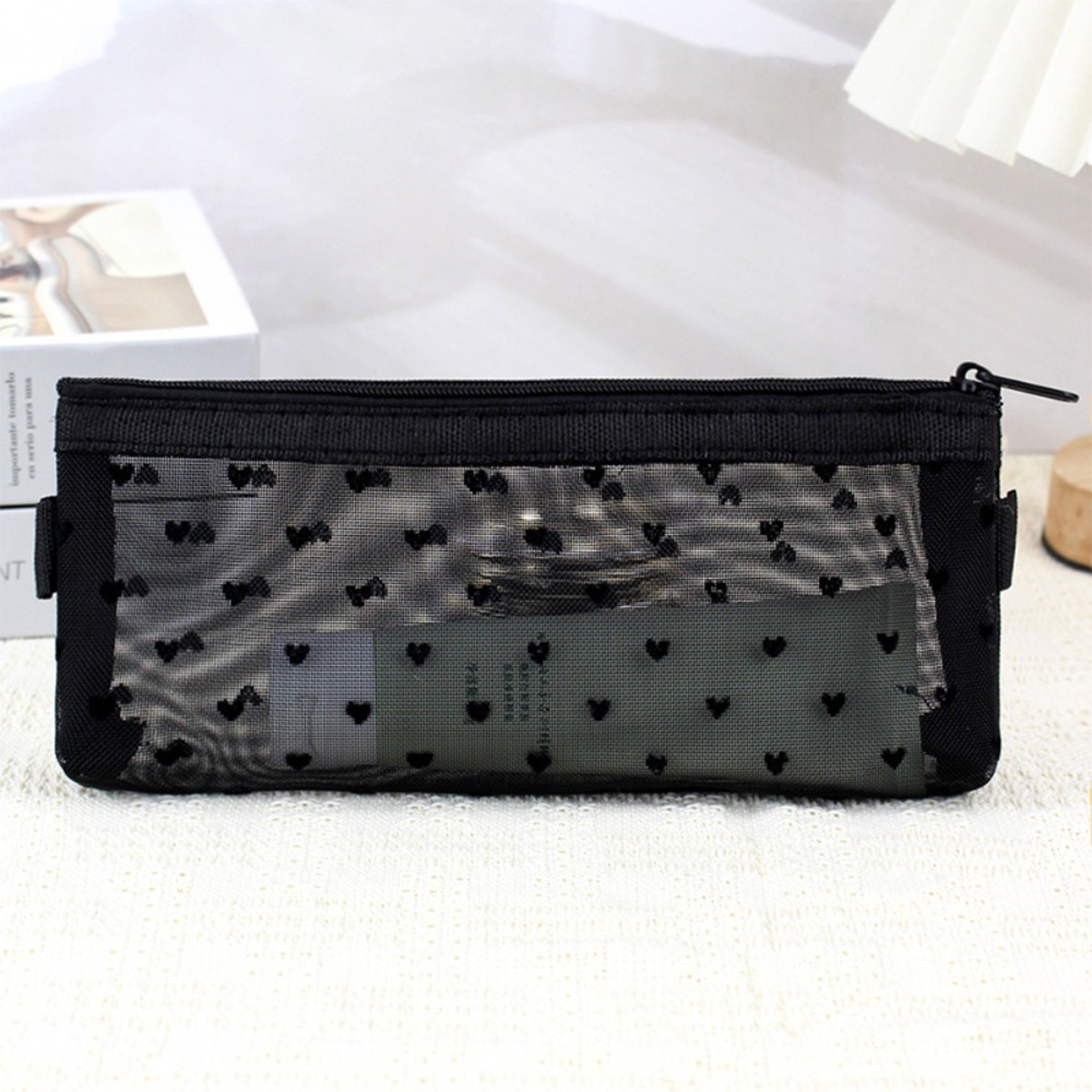 Cute Heart Print Transparent Mesh Makeup Bag Zipper Pencil Case Pouch 4