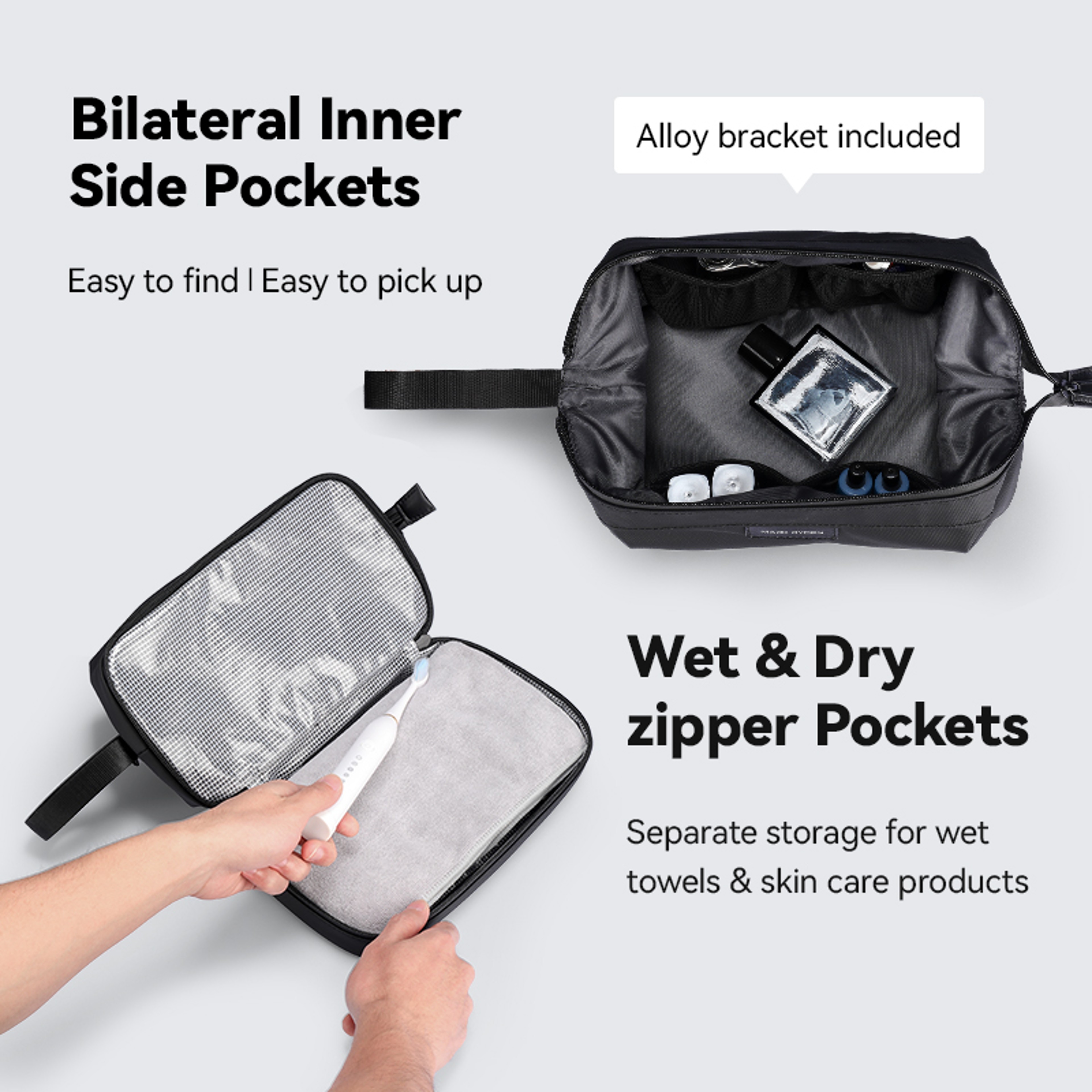 Double Layer Travel Toiletry Bag With Wet Dry Storage And Quick Access Handle 2