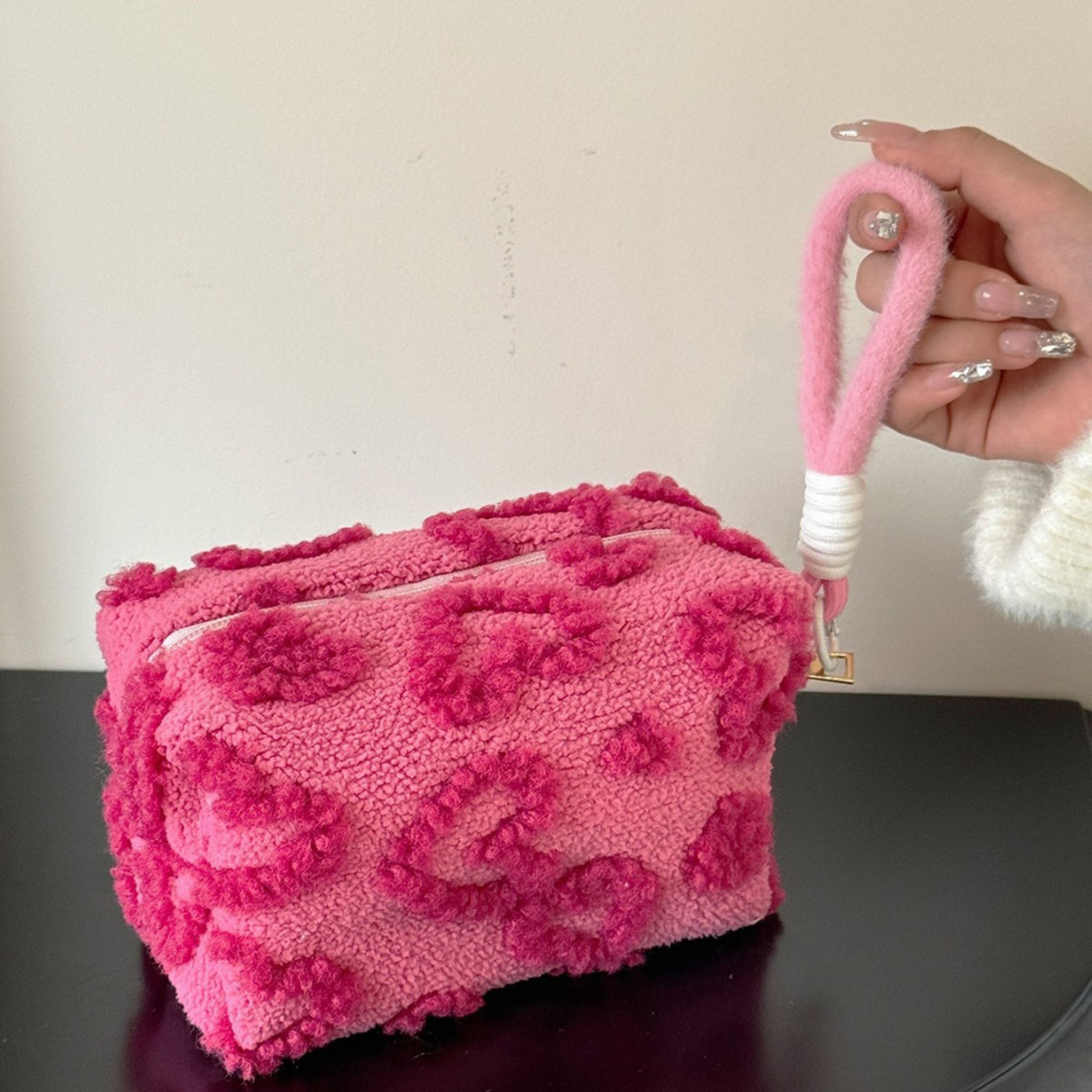 Soft Plush Makeup Bag With Handle Cute Travel Cosmetic Organizer Pouch 0