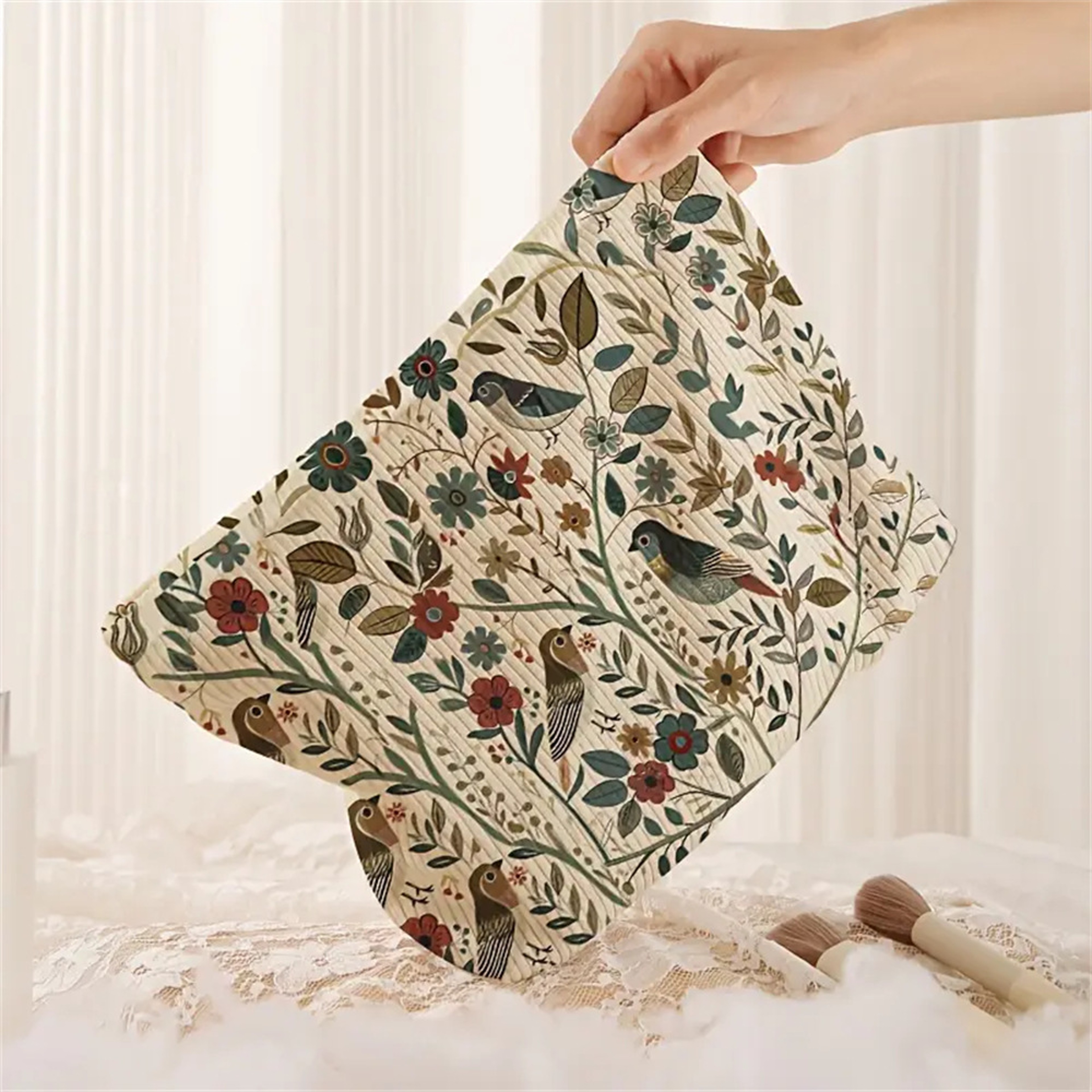 Branch Bird Corduroy Makeup Bag Lightweight Zipper Cosmetic Pouch 3