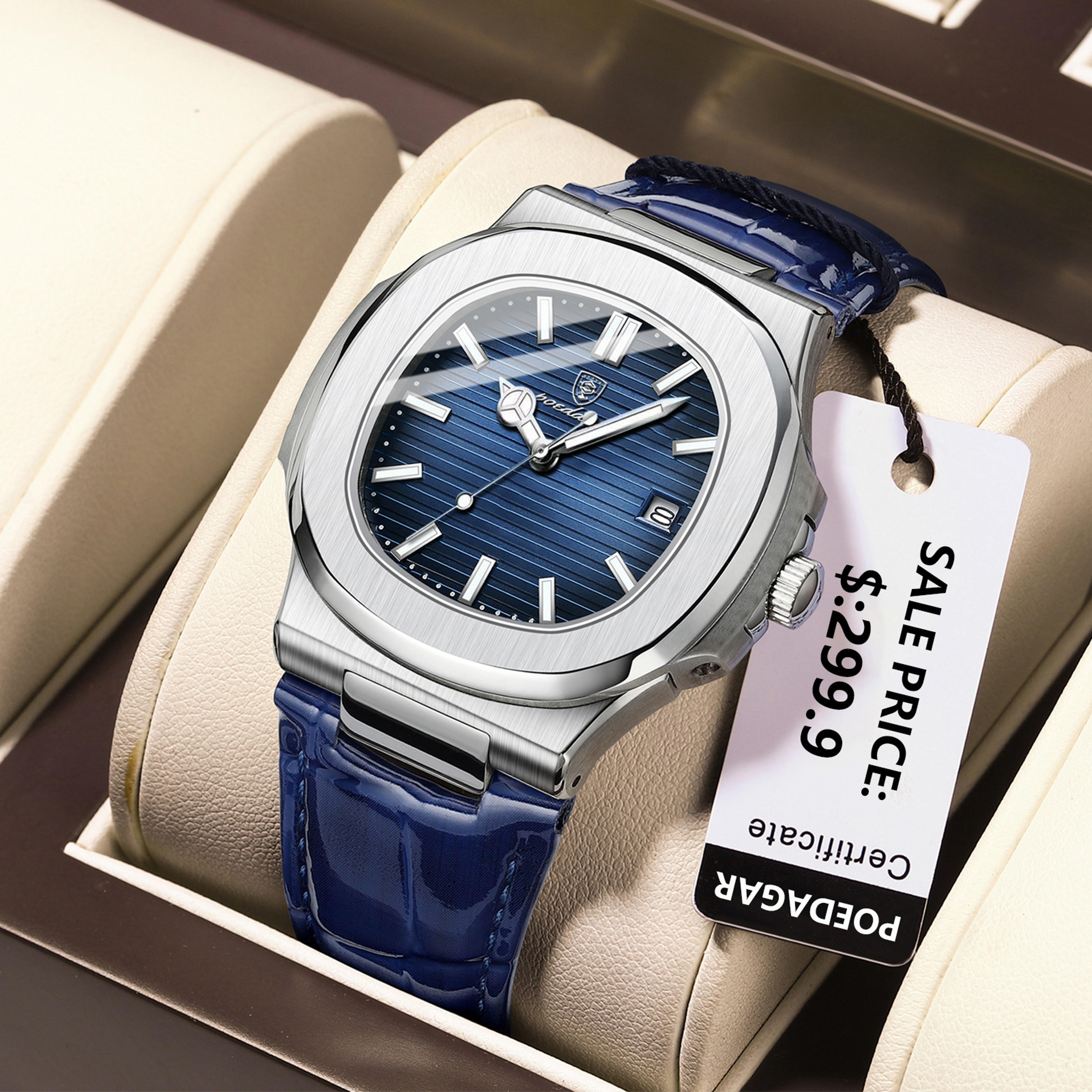 Men Square Leather Quartz Watch With Luminous Date Display 8