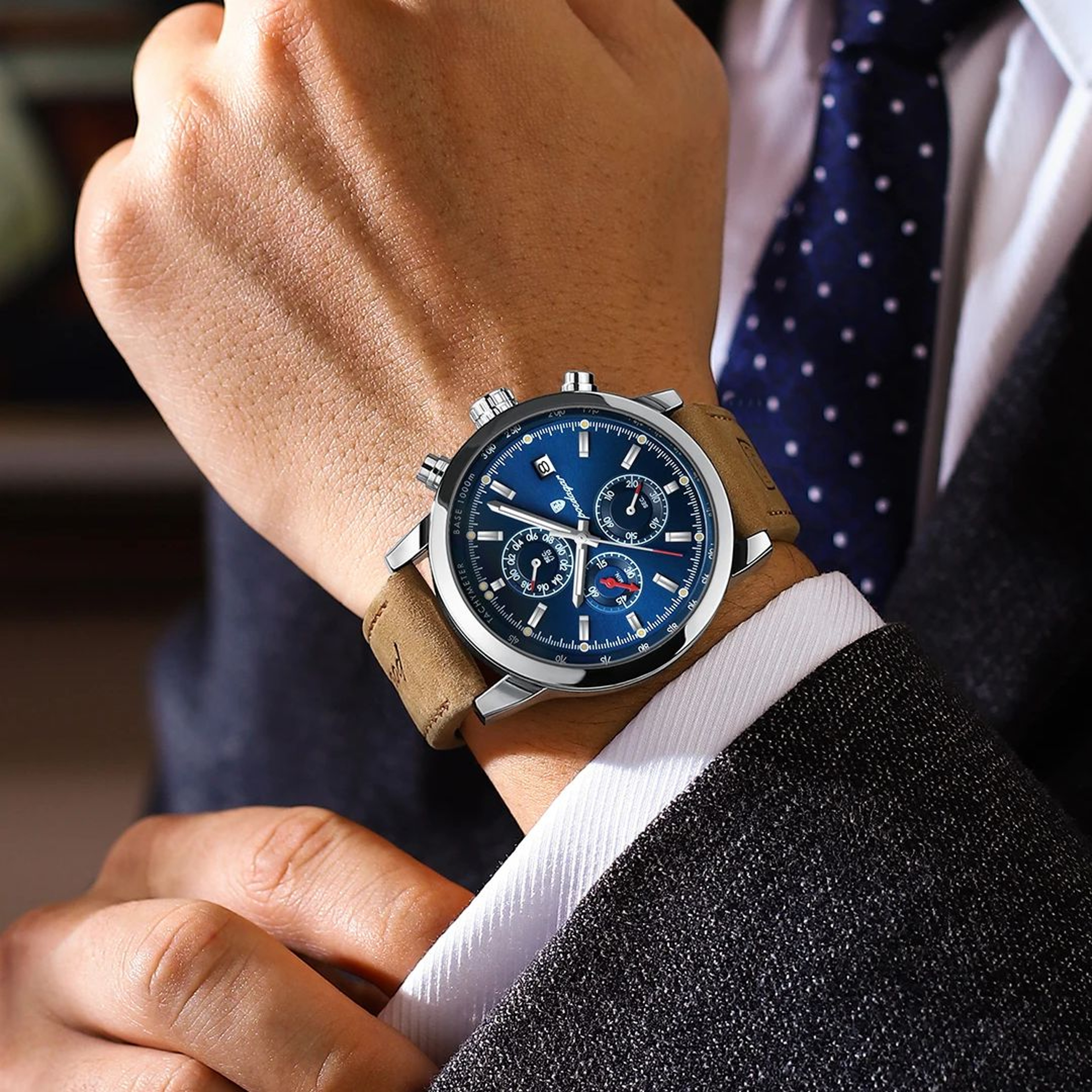 Mens Chronograph Watch With Leather Strap Luminous Date Display 8