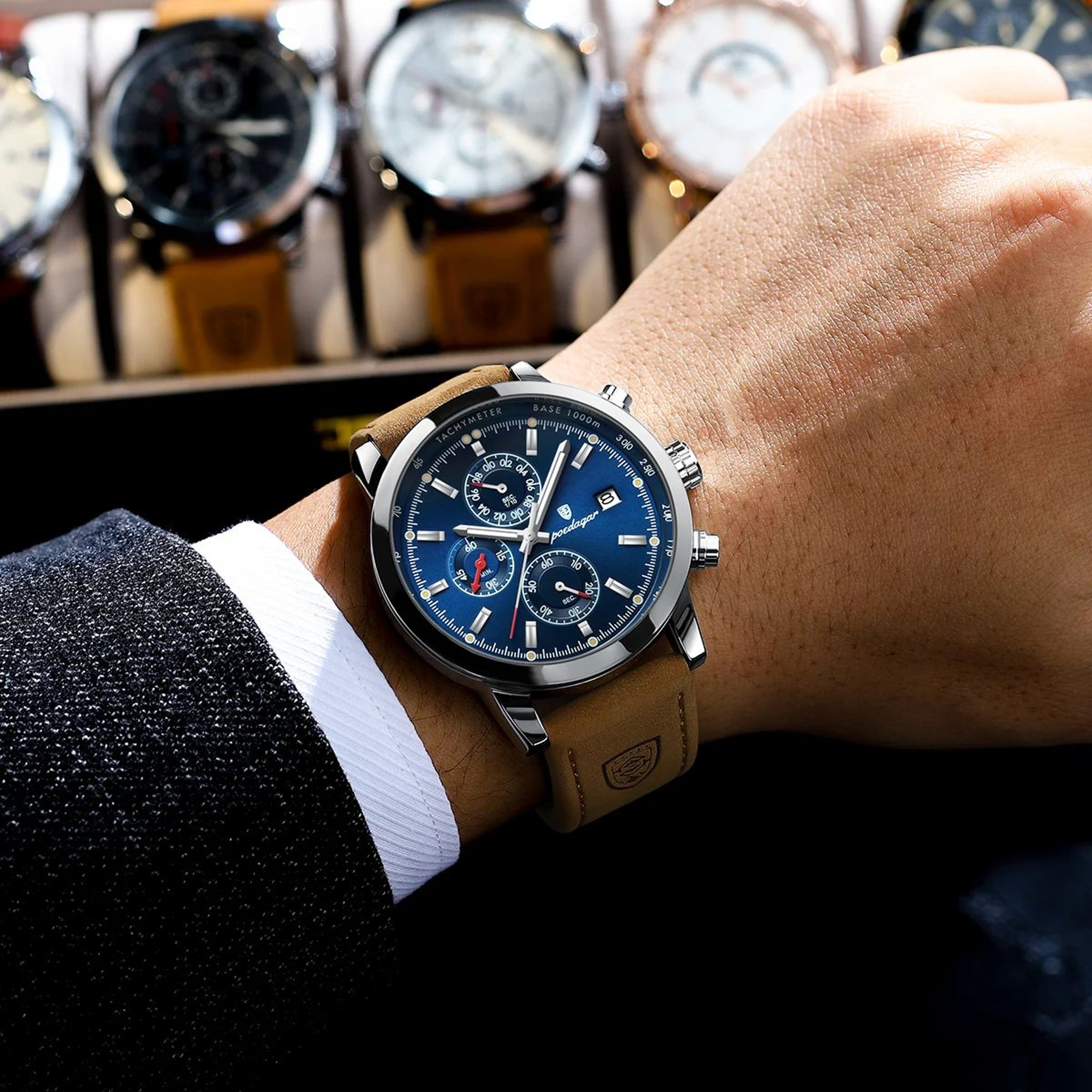 Mens Chronograph Watch With Leather Strap Luminous Date Display 9