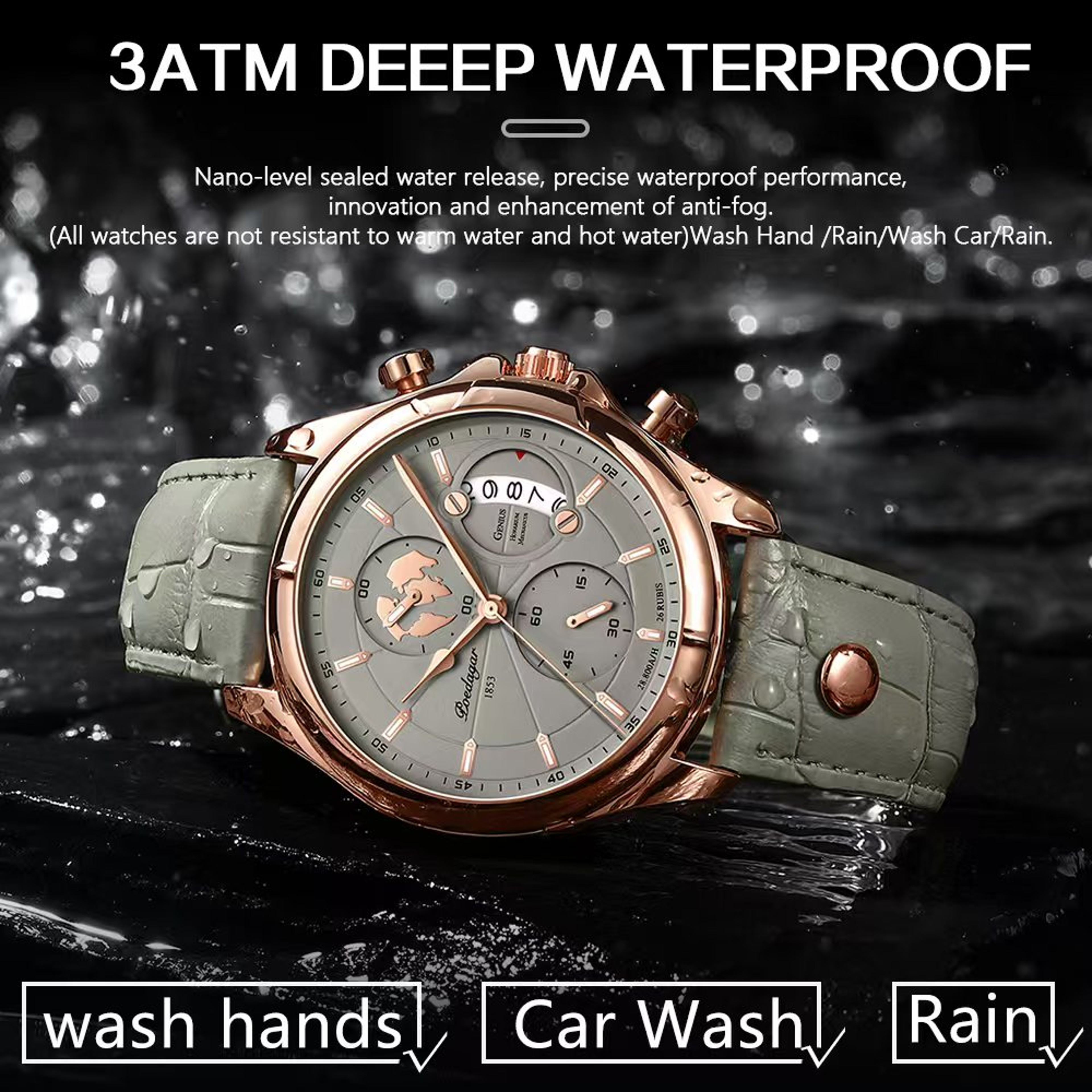 Mens Chronograph Watch Waterproof Quartz Leather Strap Date Display 10