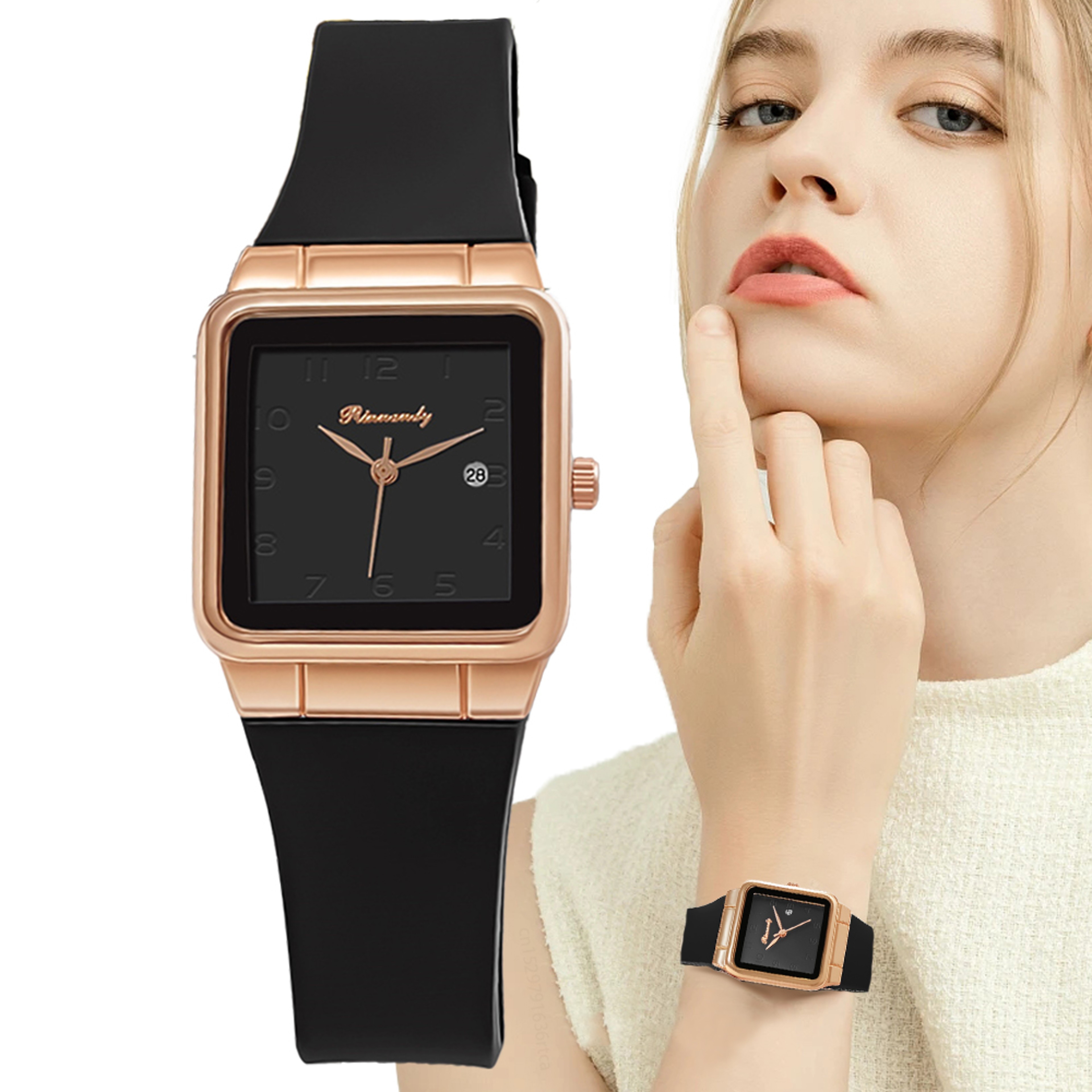 Simple Rectangle Ladies Quartz Watch With Silicone Strap Calendar Design 0