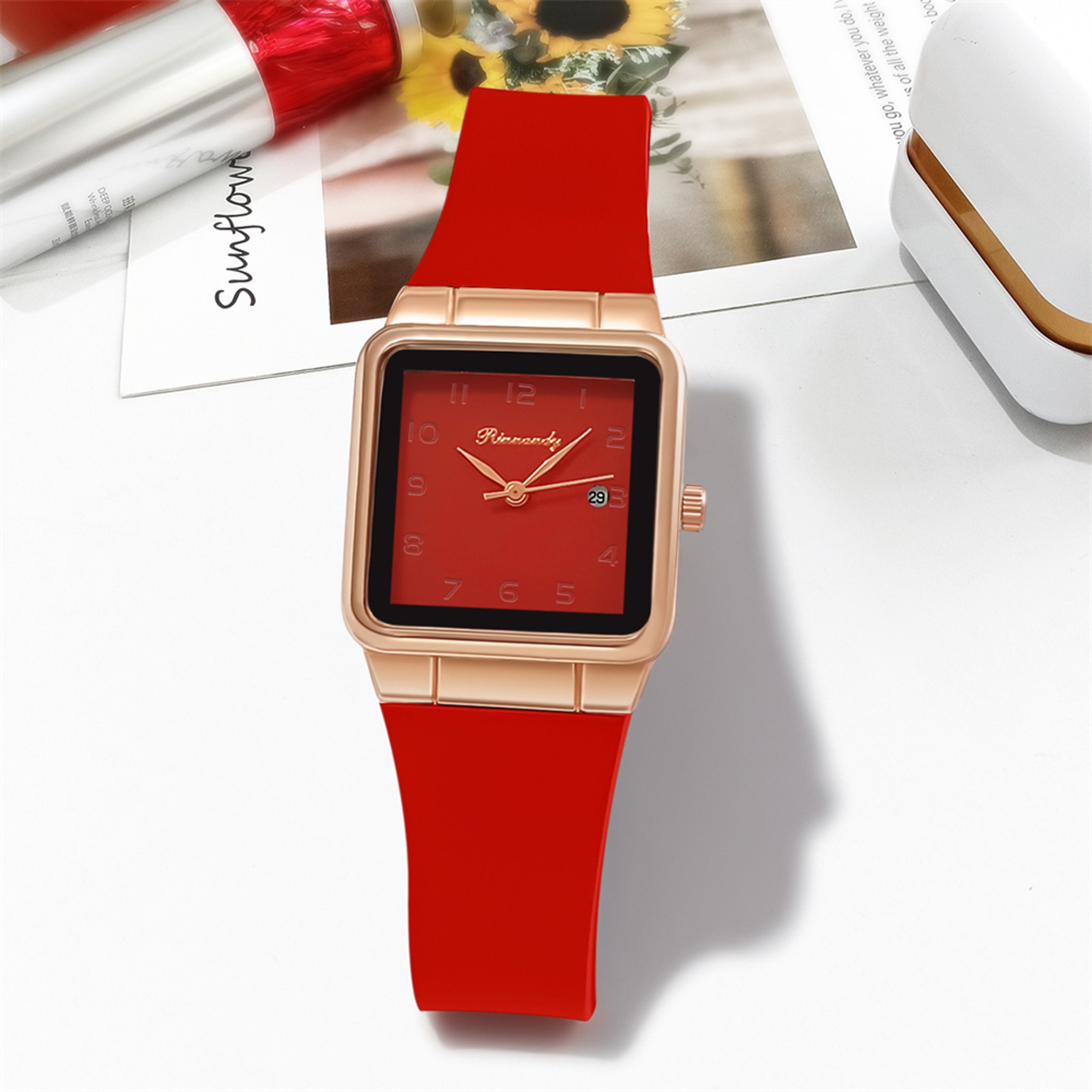 Simple Rectangle Ladies Quartz Watch With Silicone Strap Calendar Design 5