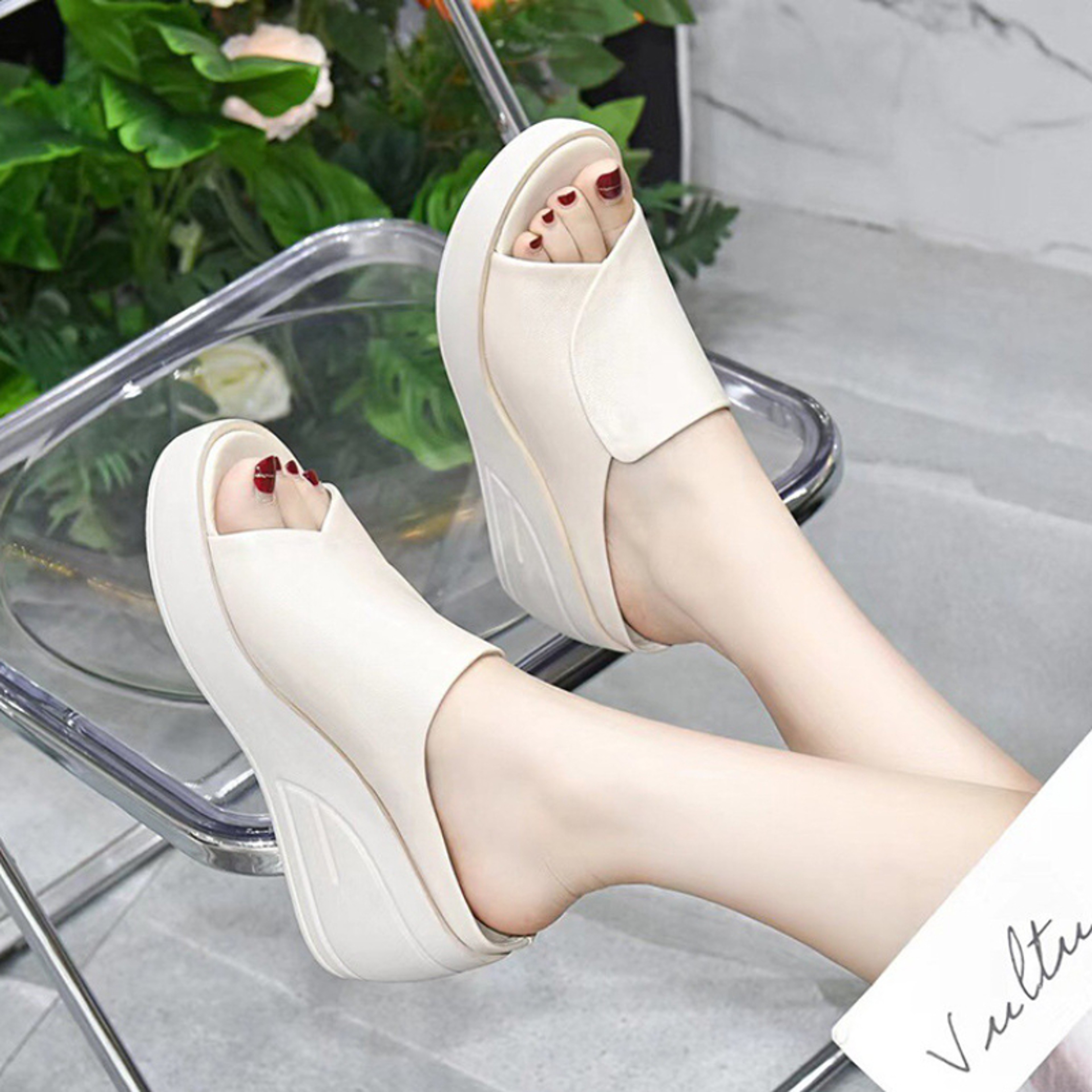 Black Wedge Platform Sandals Open Toe Orthopedic Thick Sole Beach Slides 0