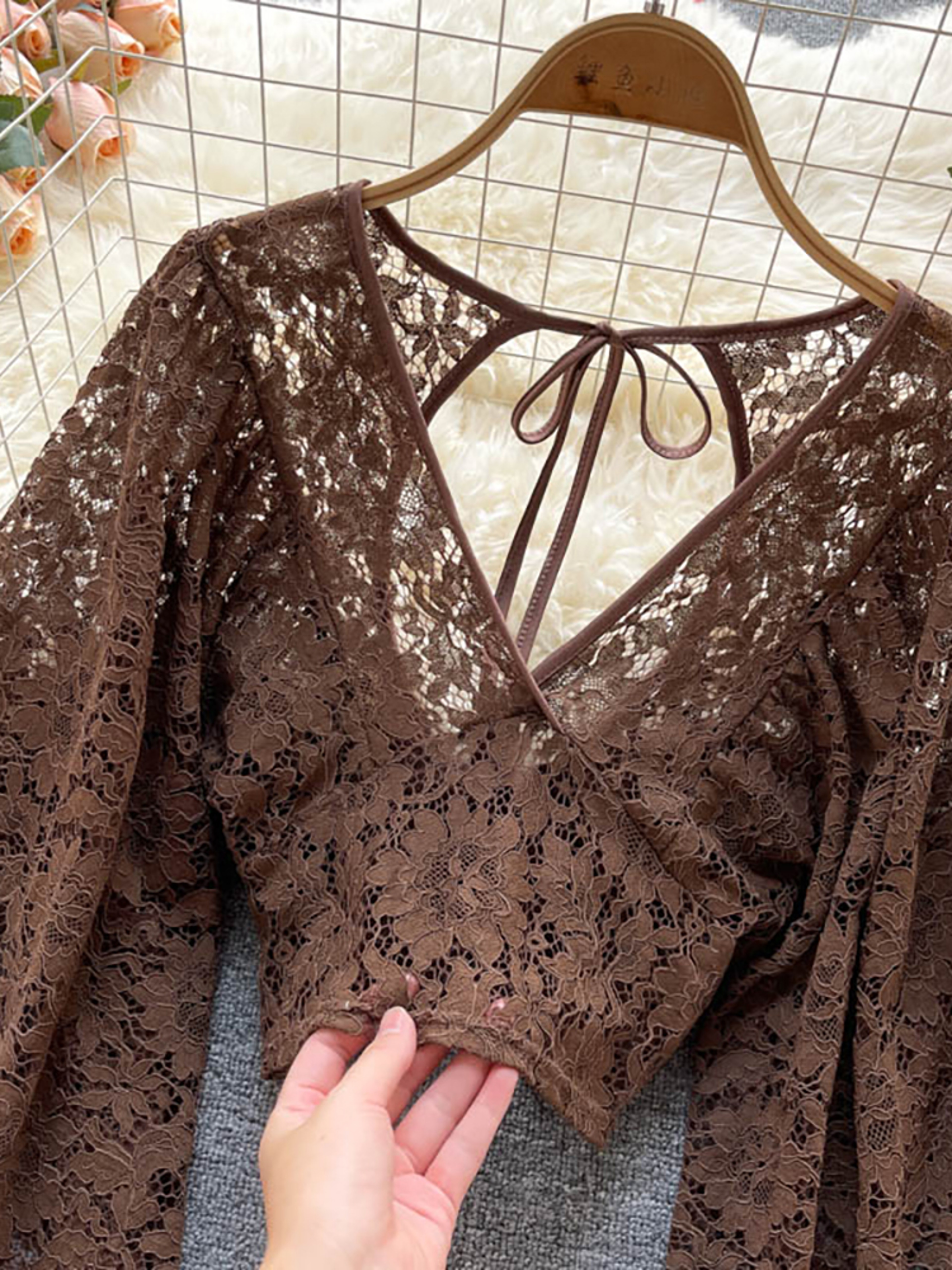 Elegant Lace V Neck Puff Sleeve Open Back Blouse 1